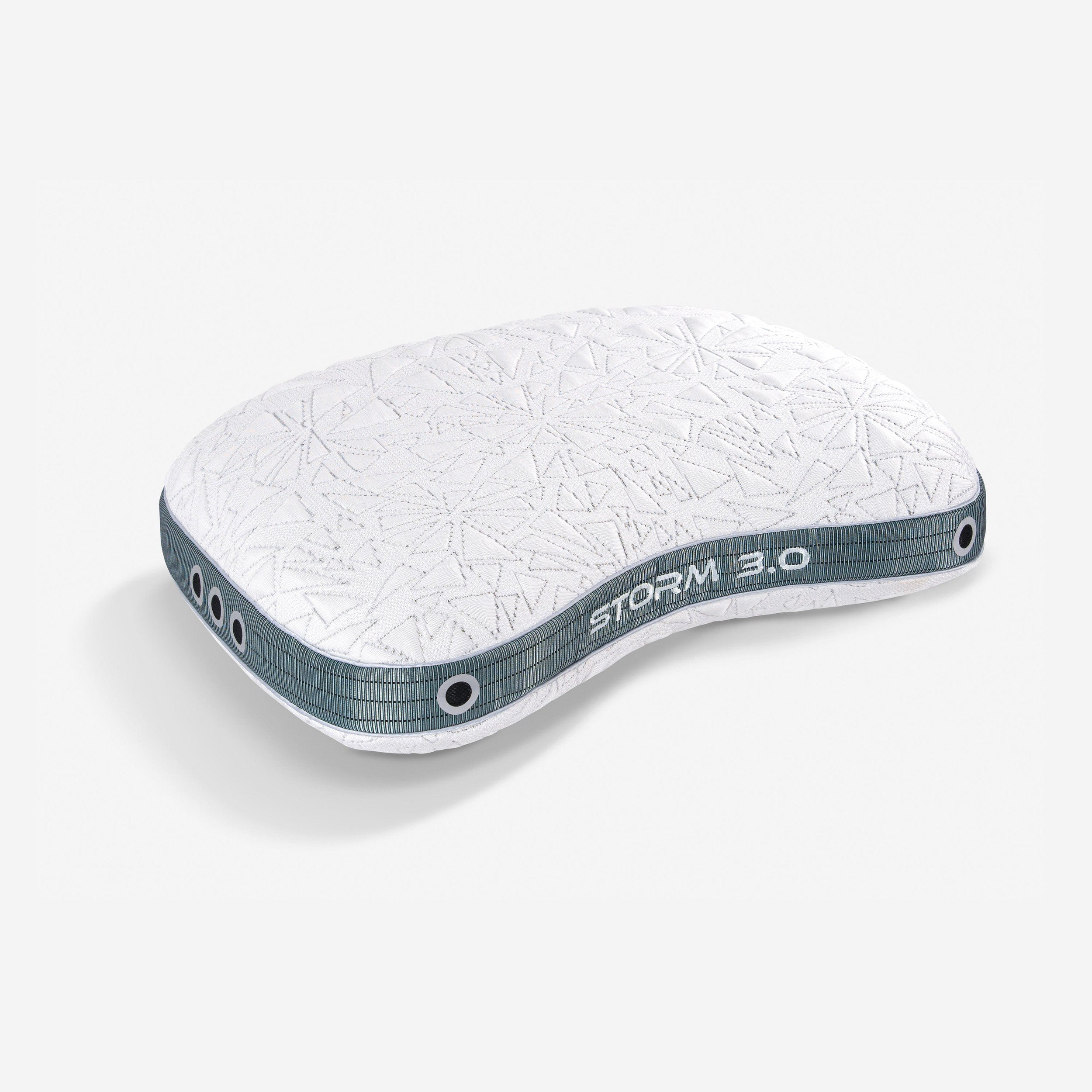 Storm Cuddle Curve Performance® Pillow with white quilted cover, geometric stitching, and blue-gray striped border Bedgear