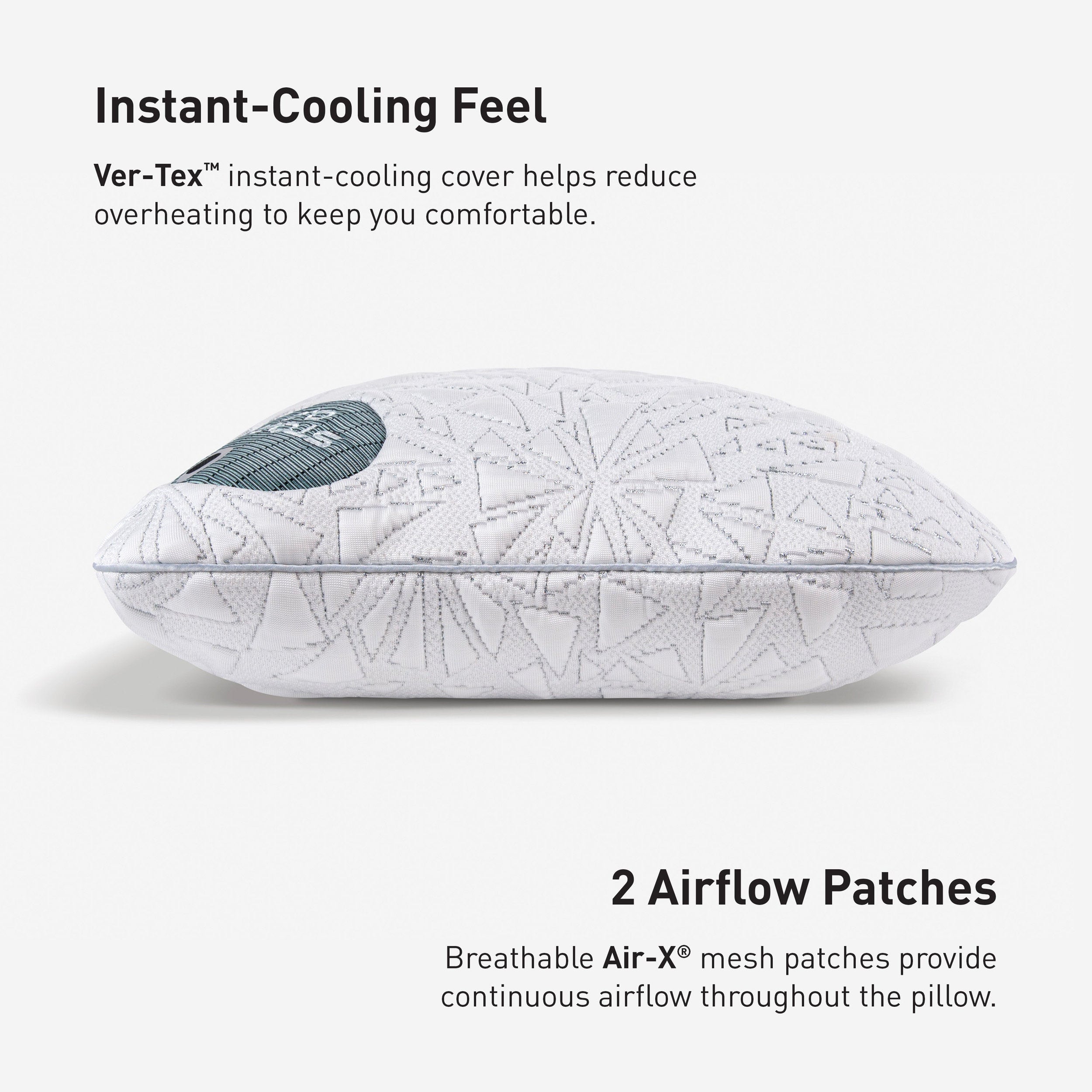 Storm Cuddle Curve Performance® Pillow by Bedgear, white quilted cover with gray patch, fabric, cool, plush comfort, premium.
