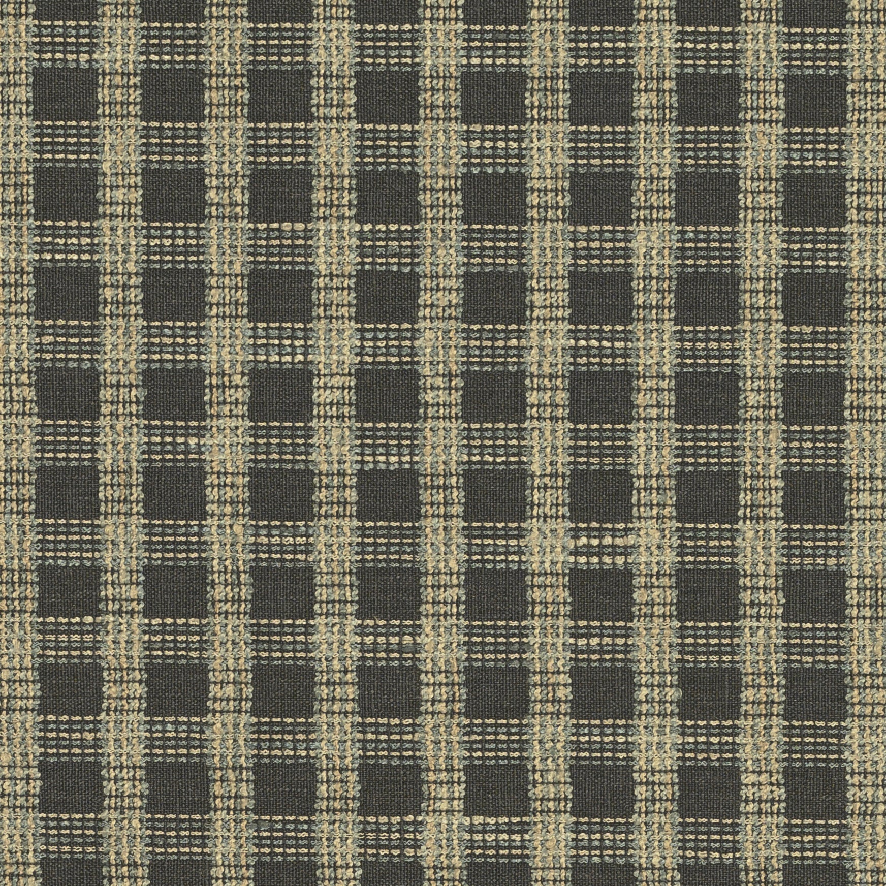 Wilde Shoreline geometric plaid in charcoal and beige, woven cotton-poly blend fabric with textured stripes Van Gogh Designs