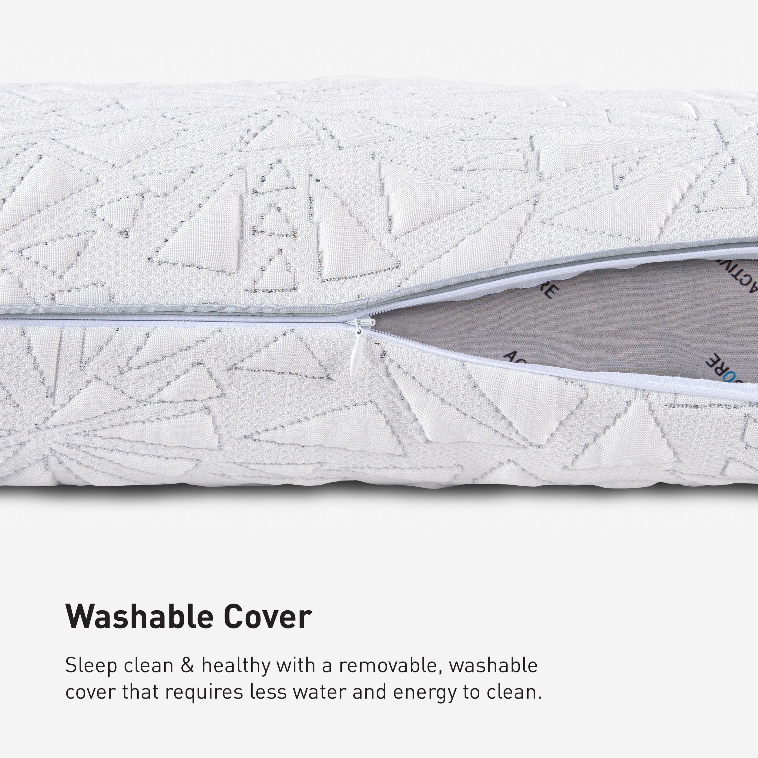Storm Cuddle Curve Performance® Pillow by Bedgear, white quilted cover with geometric stitching, breathable, gray piping.
