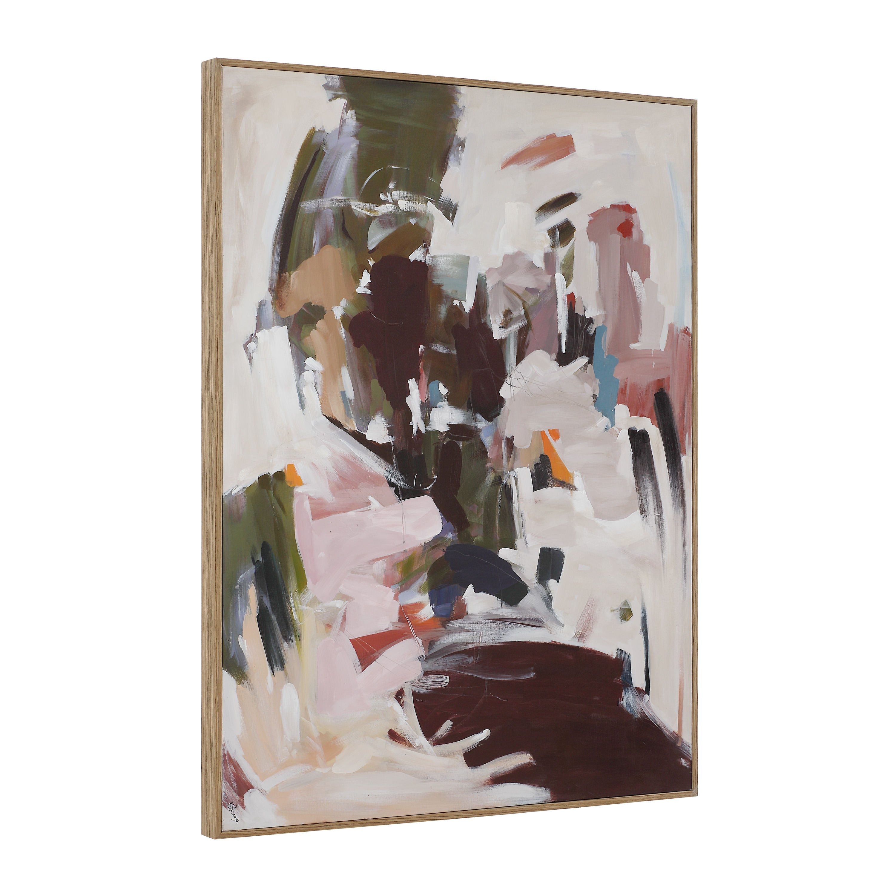 Valenca Wall Art by Renwil features abstract brushstrokes in pink, ivory, olive, burgundy on canvas with wood frame textured