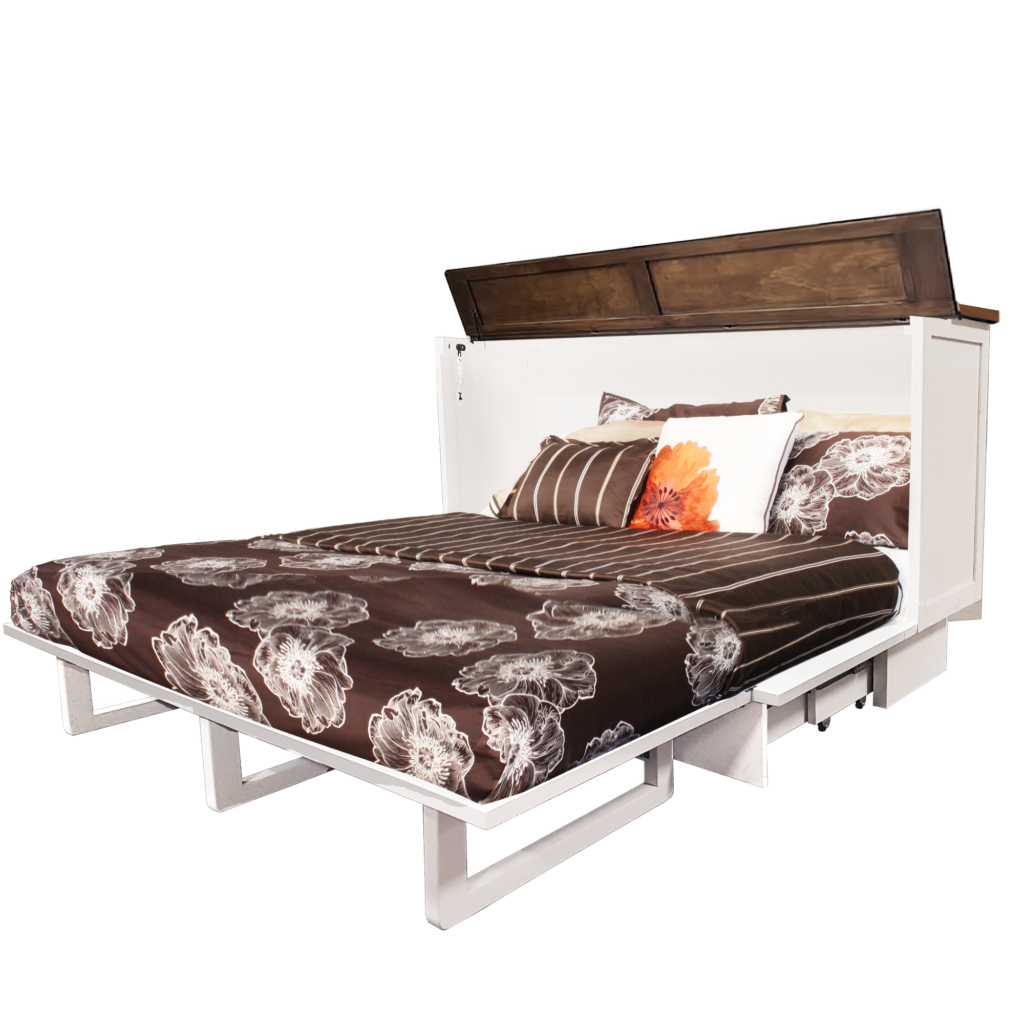 fully open cabinet bed showing bedding and pillows