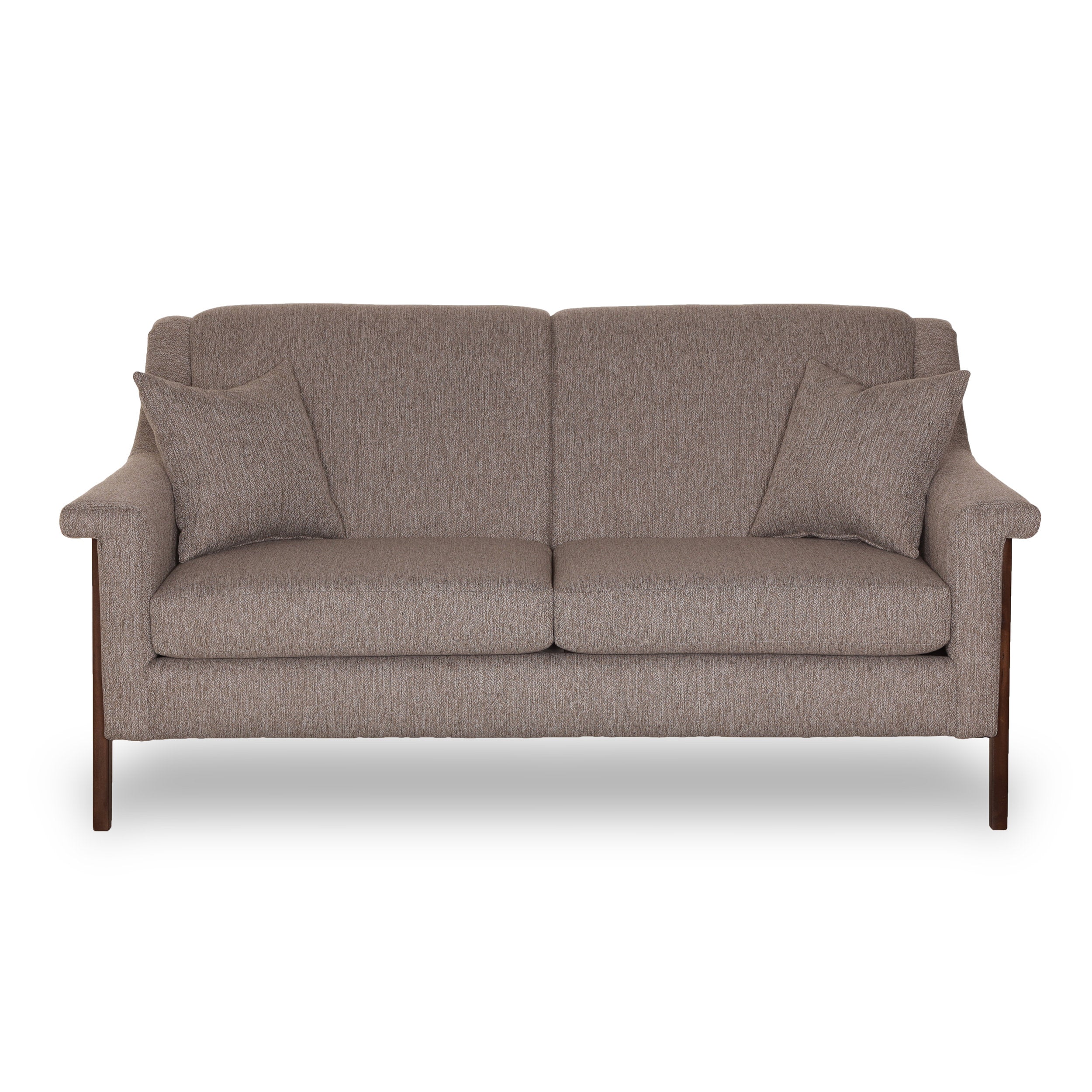 Gray sofa with two cushions on a white background