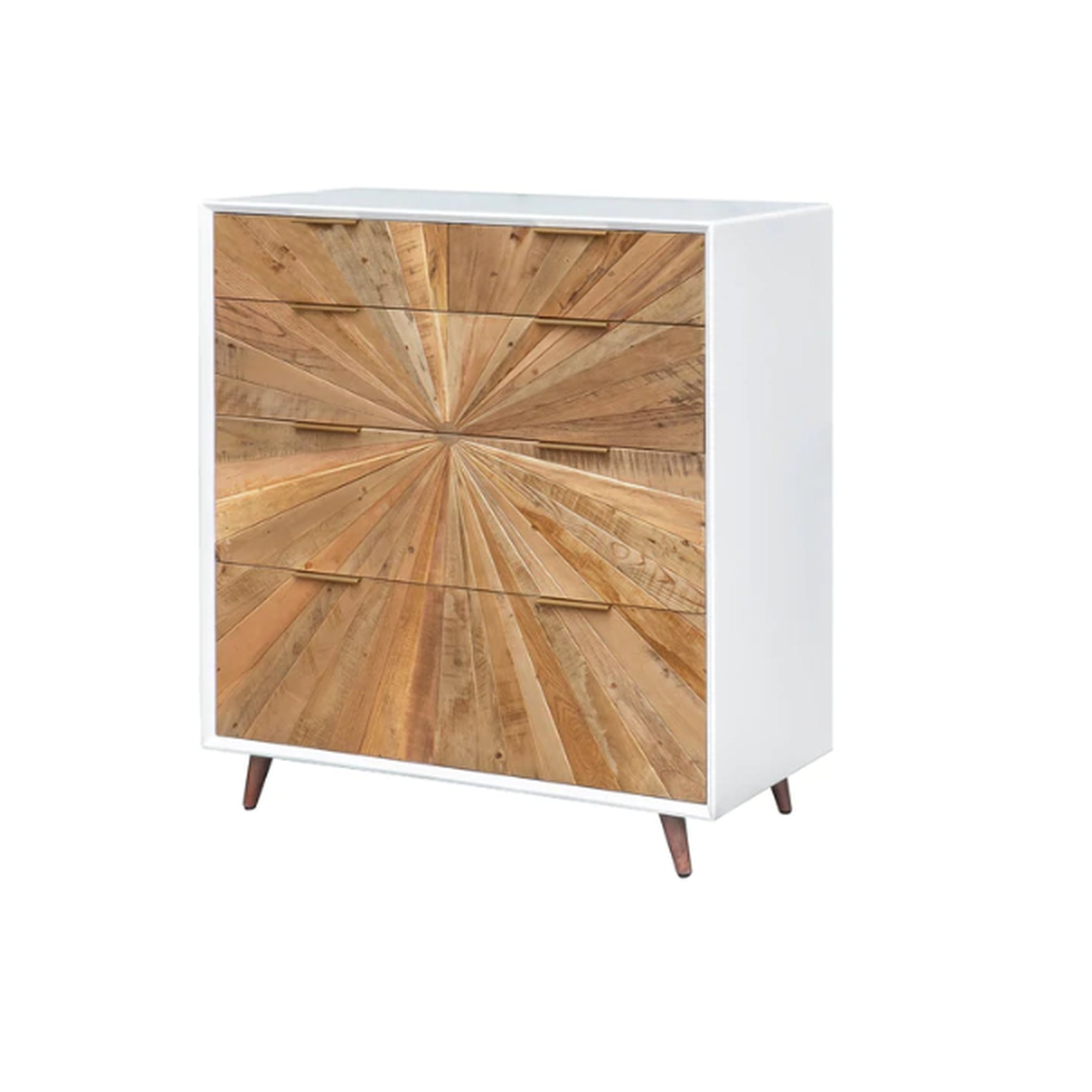 Wooden dresser with starburst pattern on a white background
