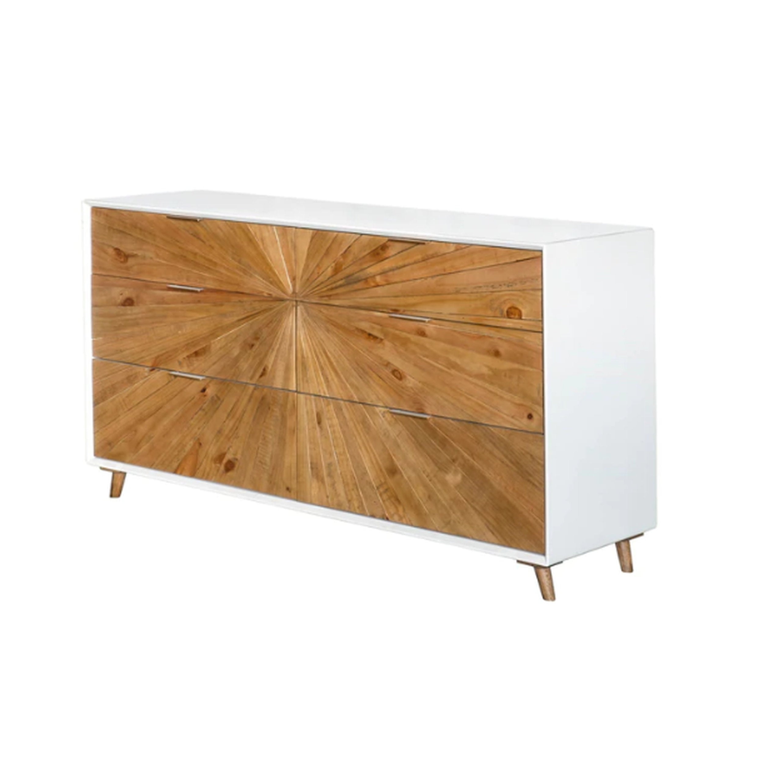 Wooden 6 drawer dresser with starburst pattern on a white background