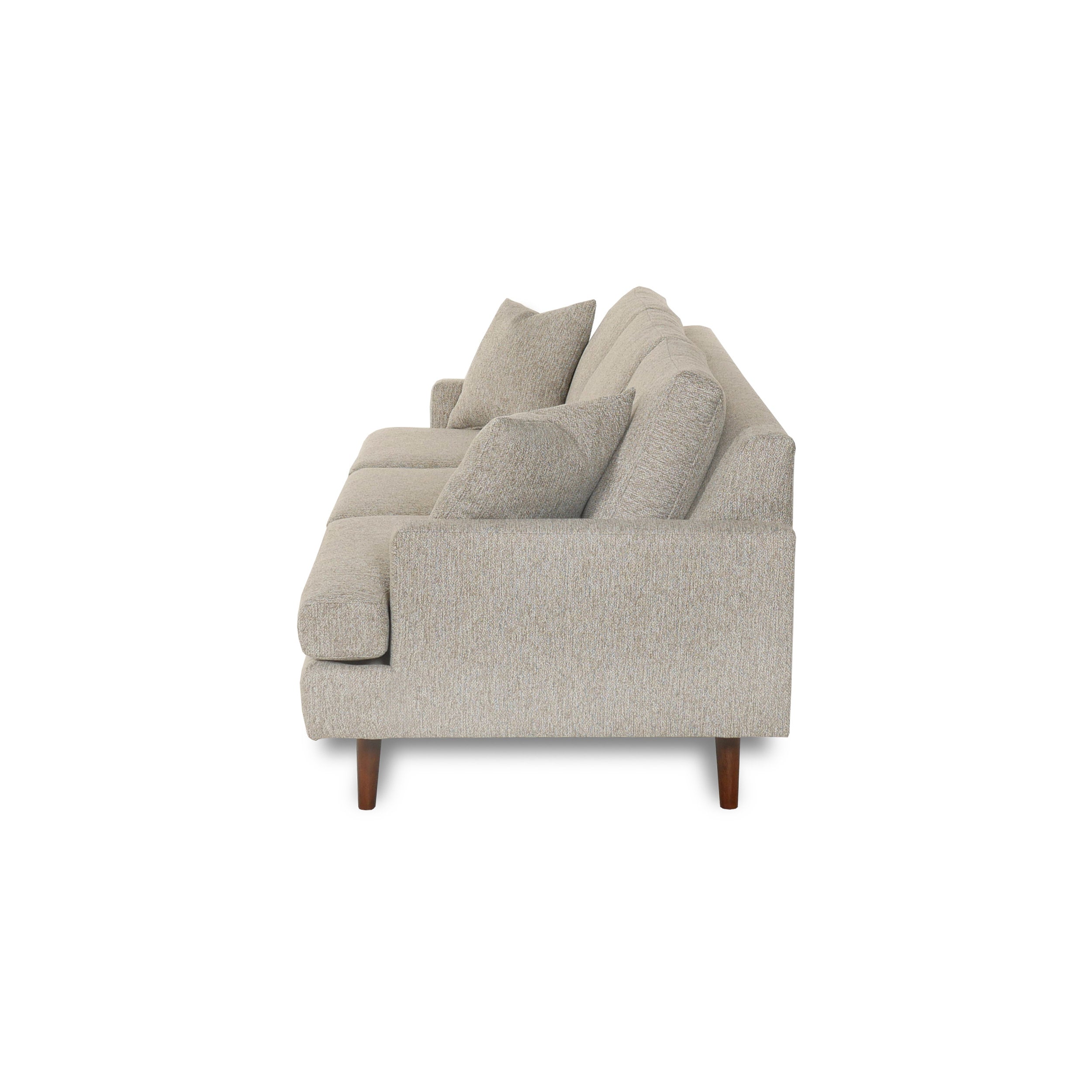 Gray sofa with wooden legs on a white background