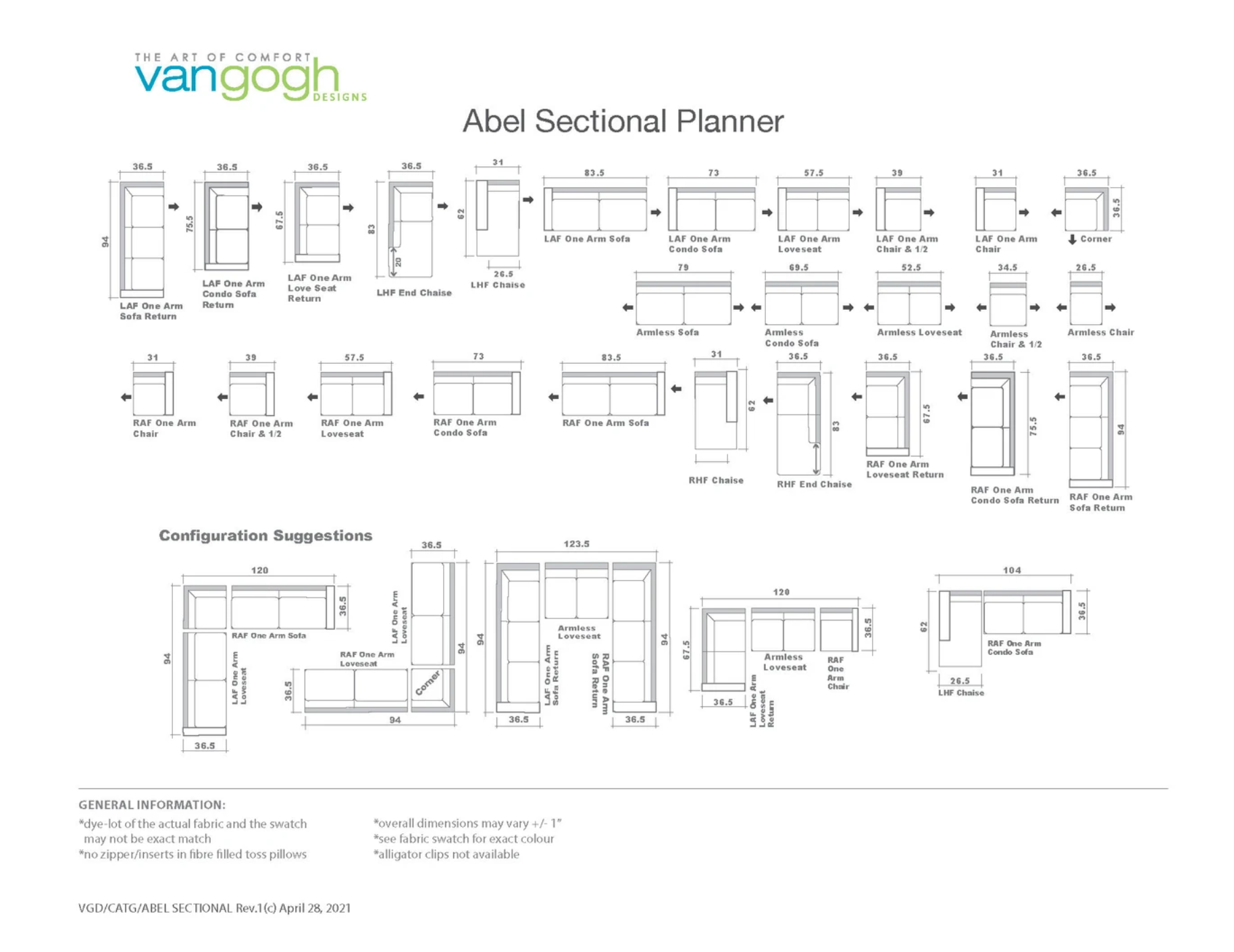 abel sectional planner showing the different pieces you can do