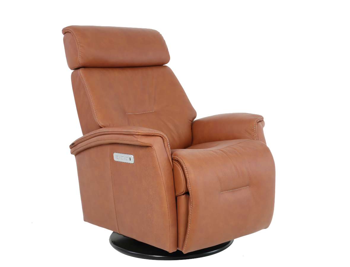 rome recliner in a caramel whiskey leather color. Swivel and electronic recliner
