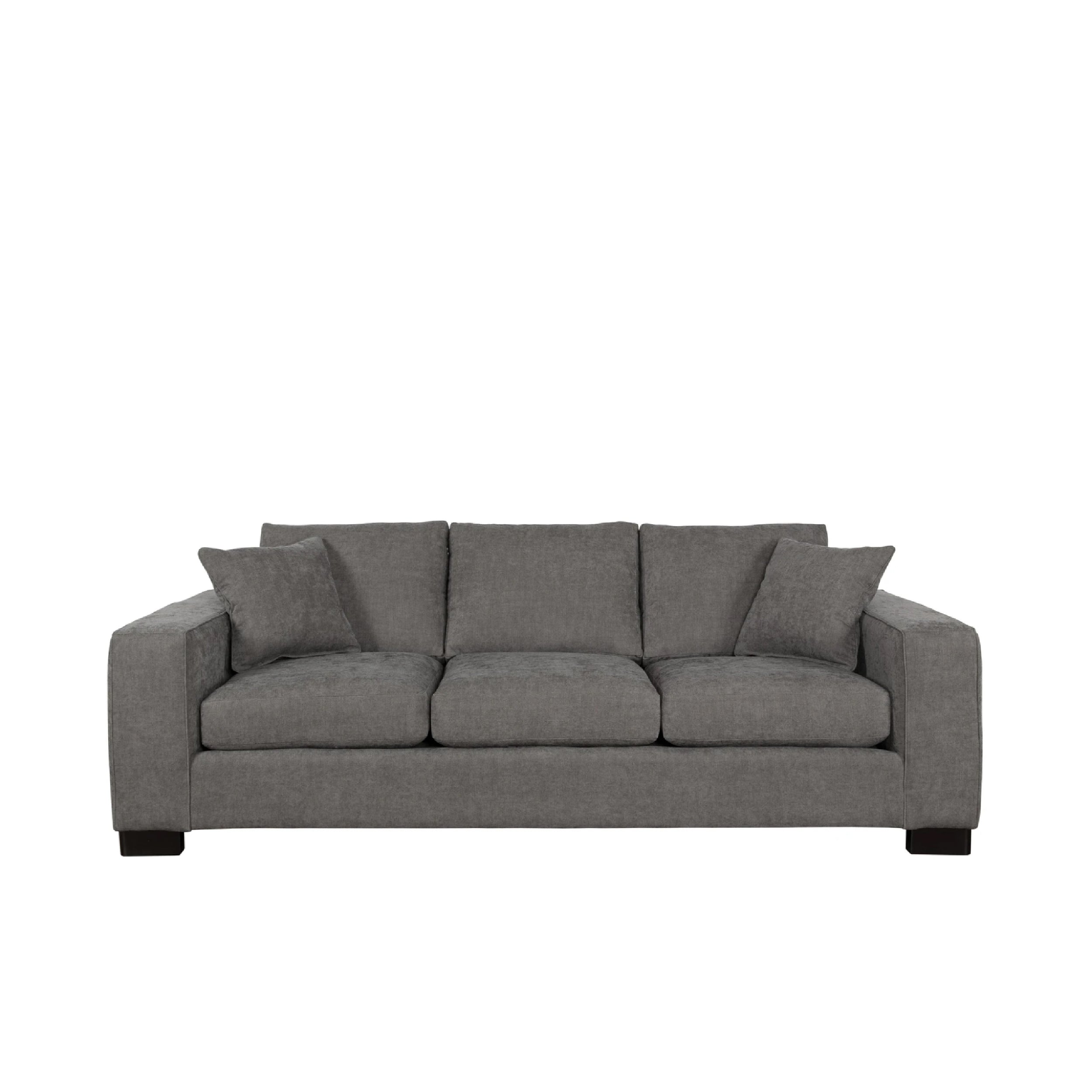 A gray sofa with a wooden frame and fabric upholstery.