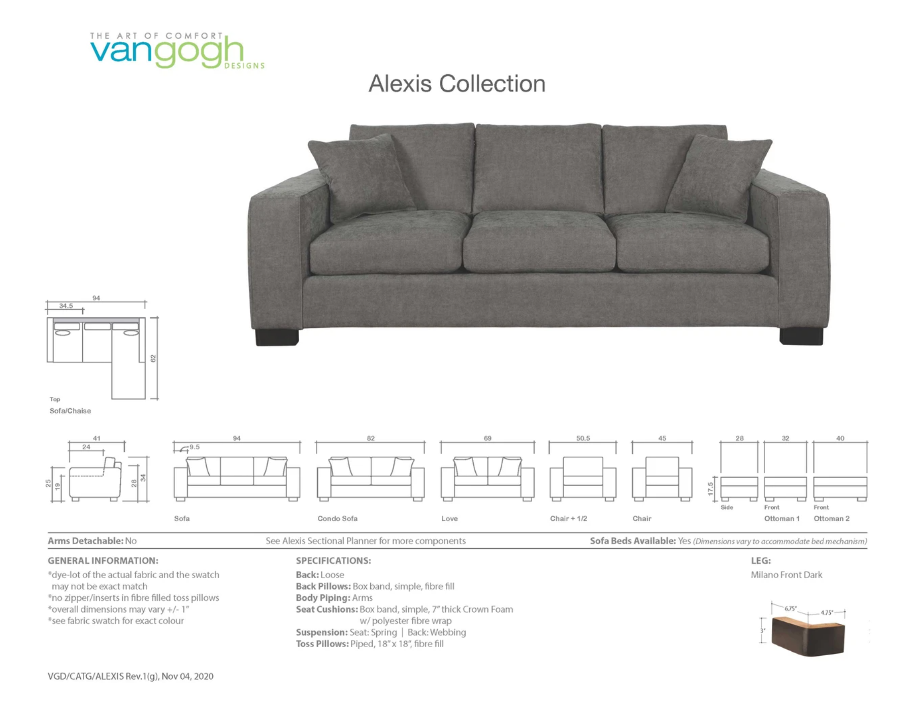 alexis dimension sheet showing different available sizes