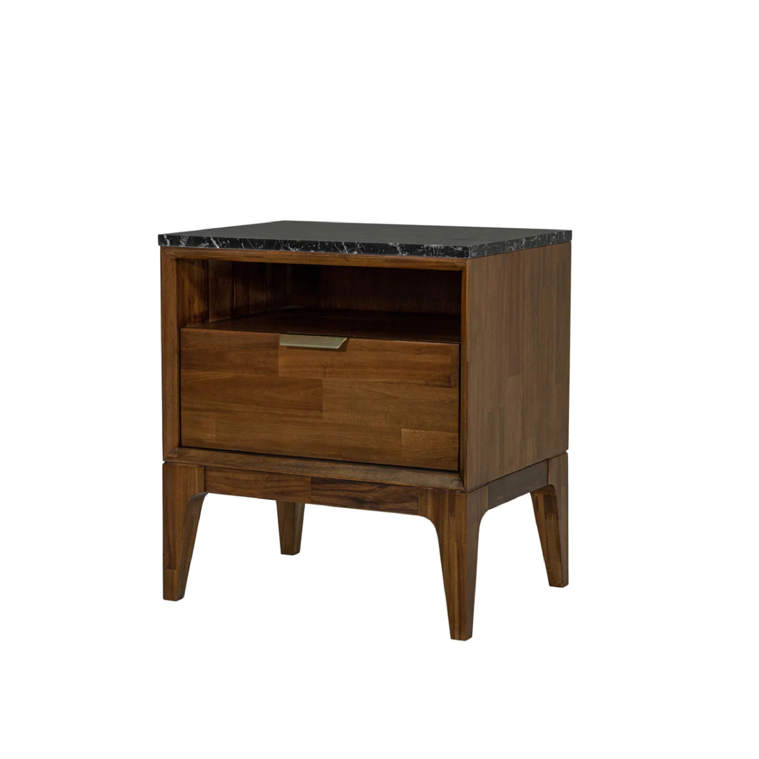 Wooden nightstand with marble top on a white background