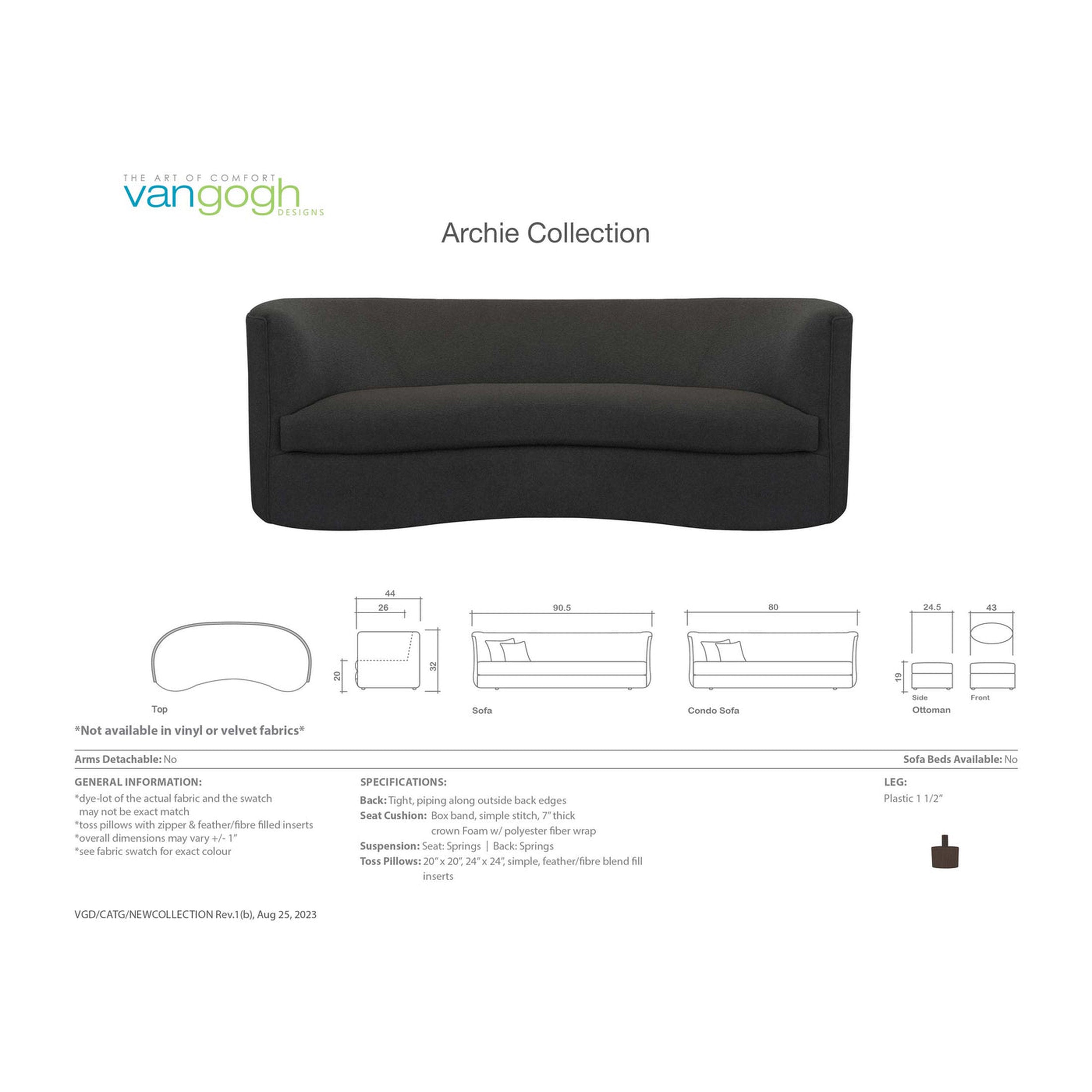 Black sofa from the Archie Collection with technical drawings and specifications on a white background.