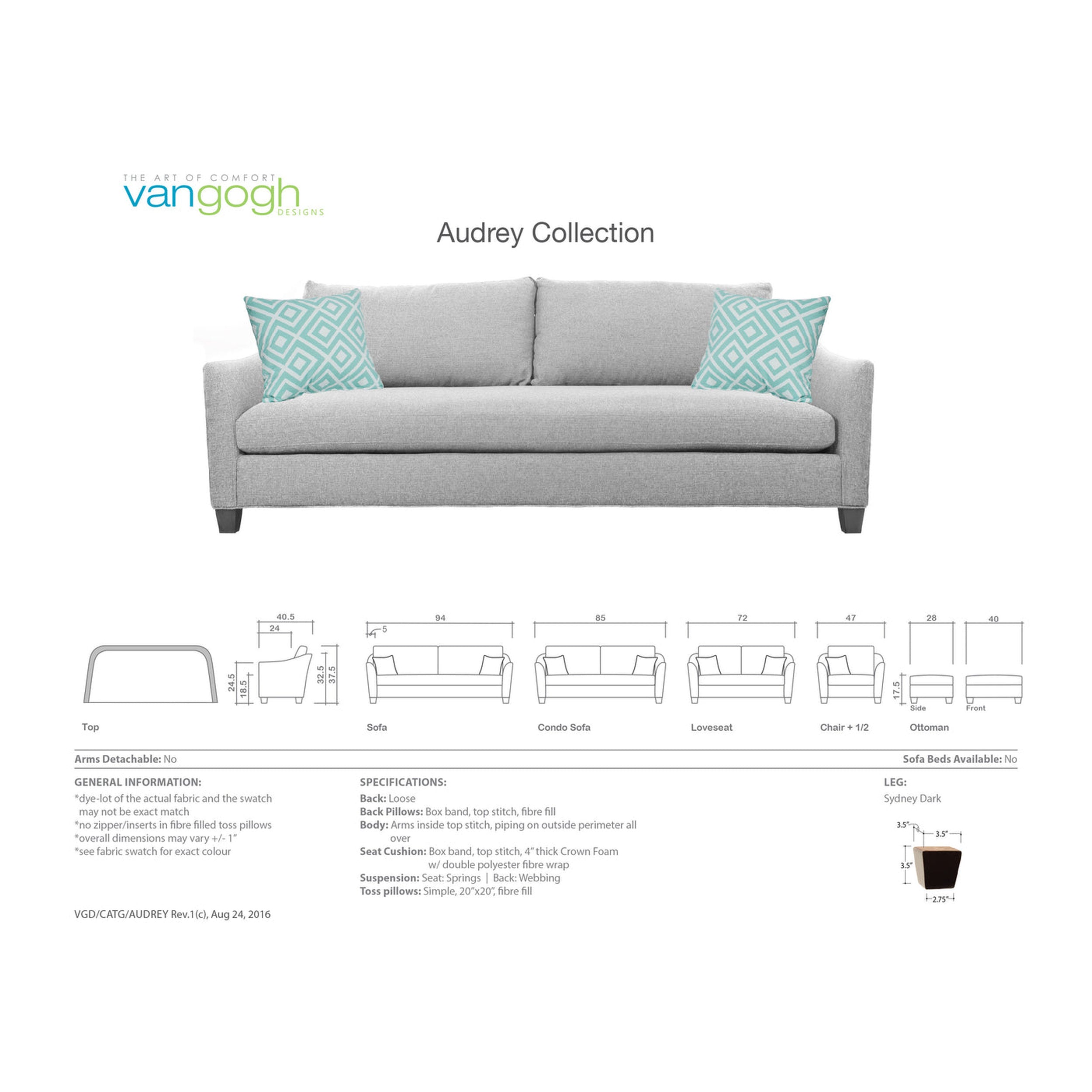 Audrey Dimension Sheet showing the different configurations
