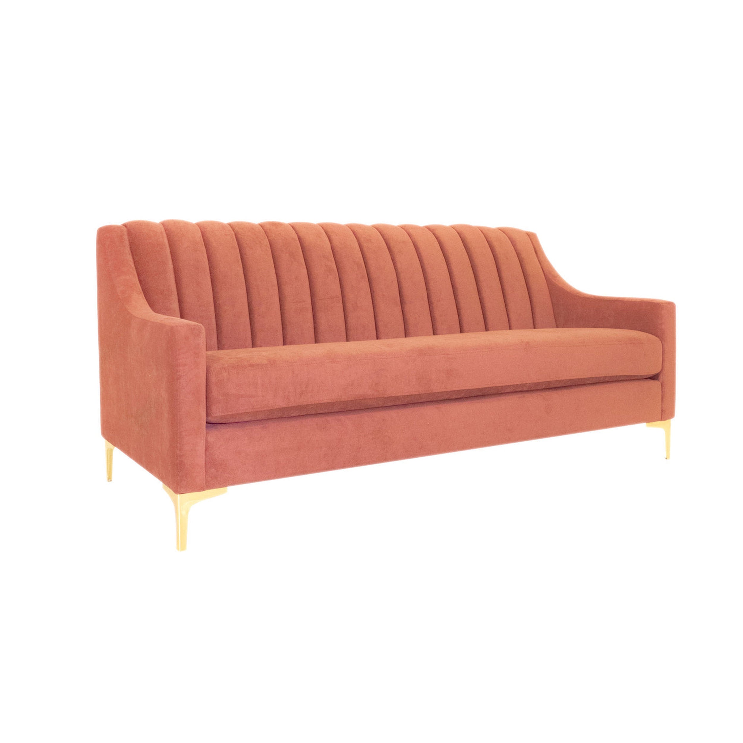 Orange sofa with gold legs on a white background
