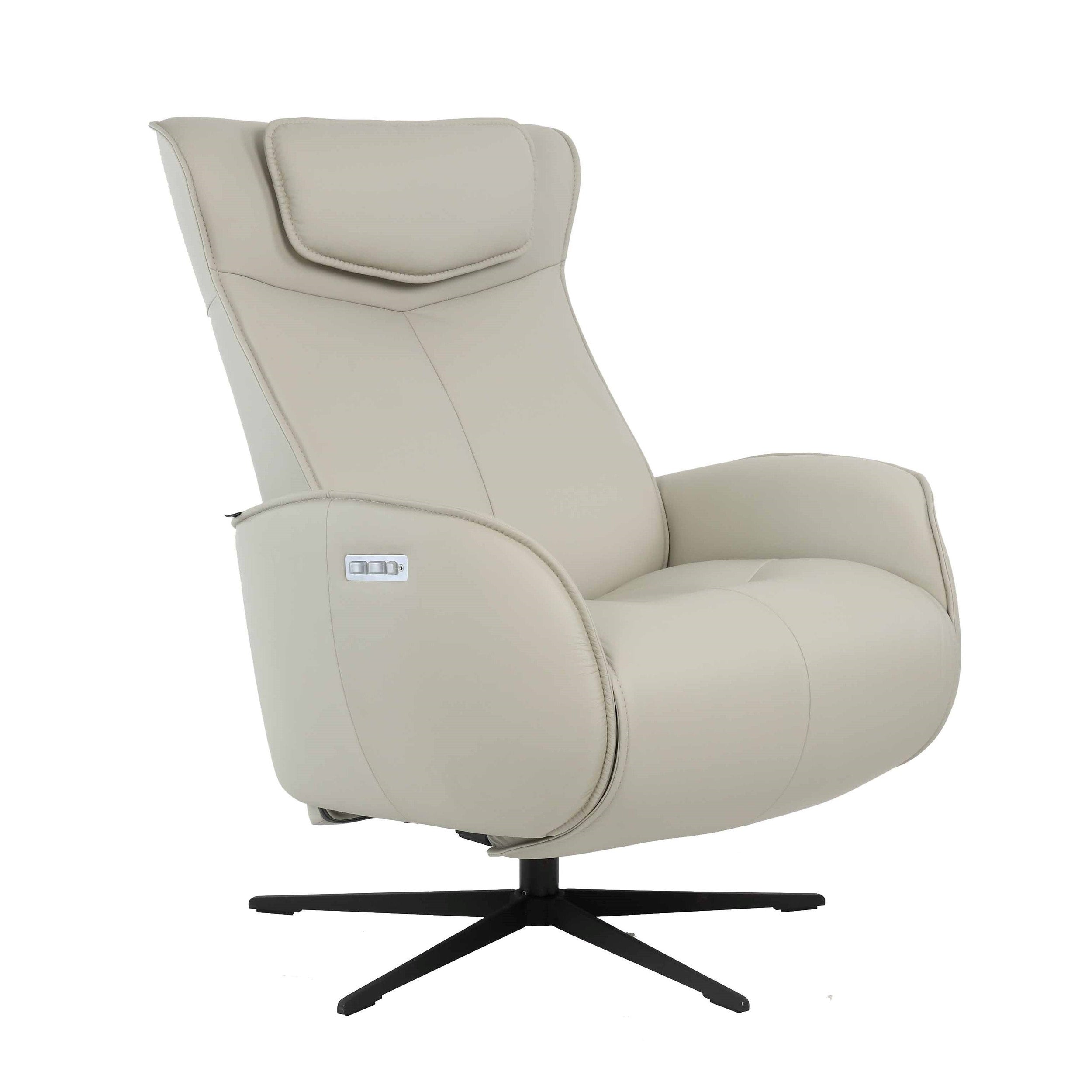 A grey Axel Recliner with a built-in lithium ion battery pack, showing a side profile of the chair with its armrests, seat, and base visible.