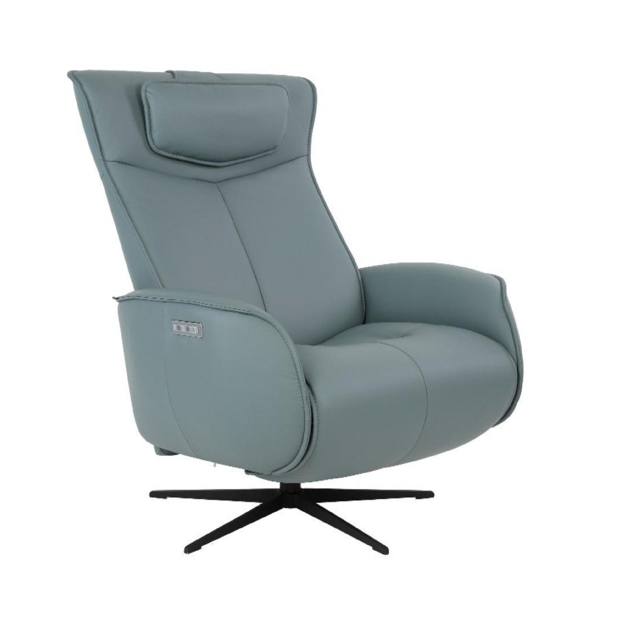 A light blue Axel Recliner with a built-in lithium ion battery pack, showing a side profile of the chair with its armrests, seat, and base visible.