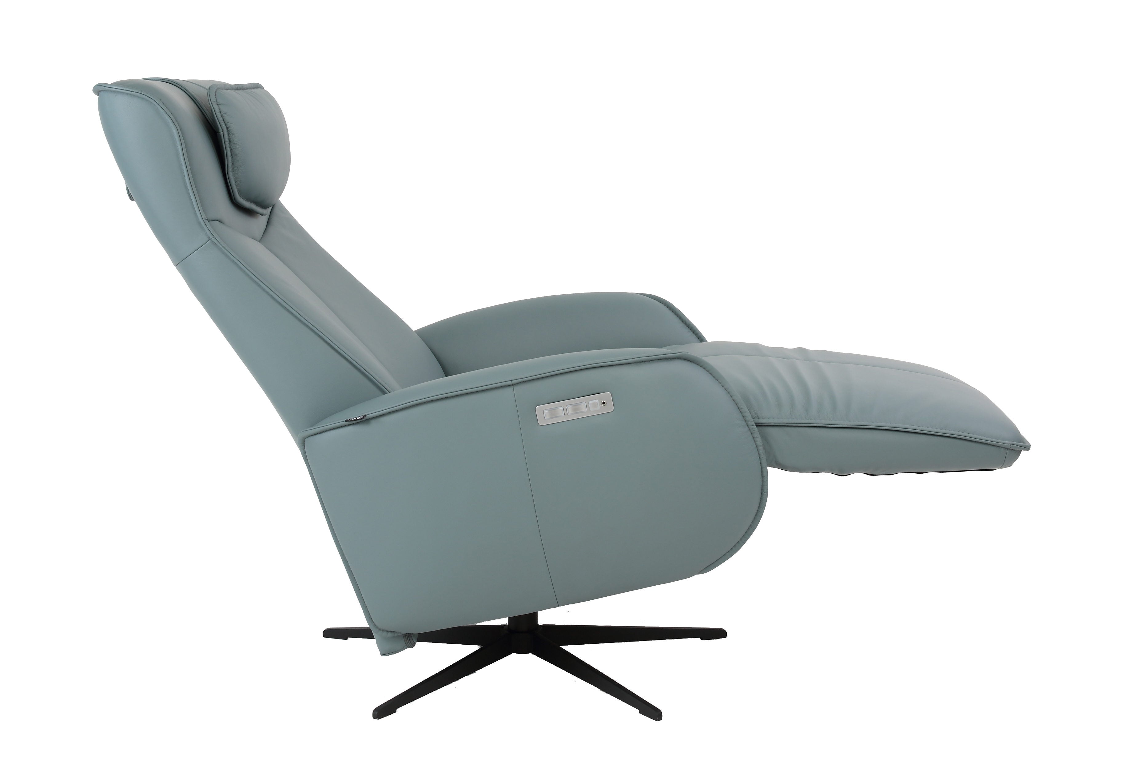 axel ice or light blue recliner showing footrest reclined