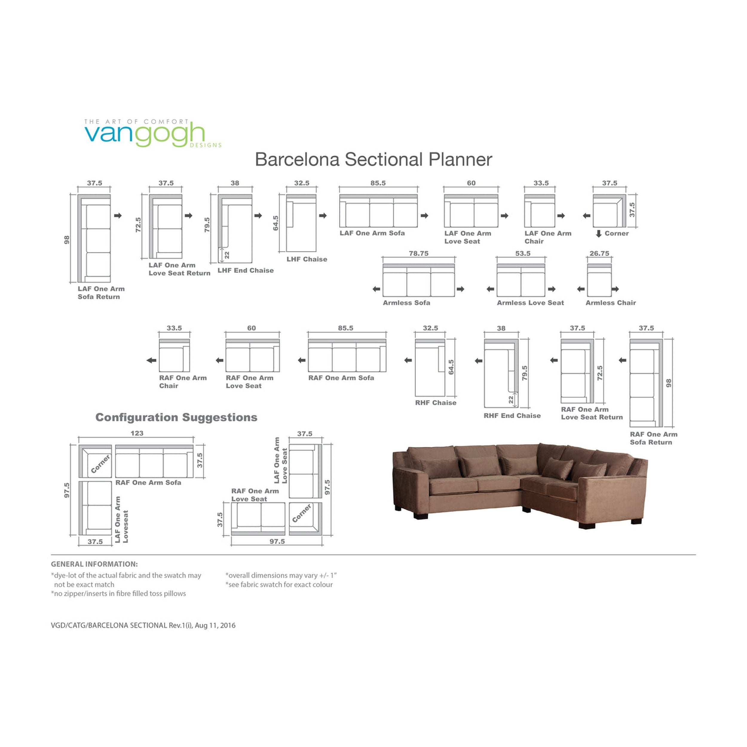 Schematic diagram of a Barcelona sectional sofa with dimensions and configuration suggestions on a white background.
