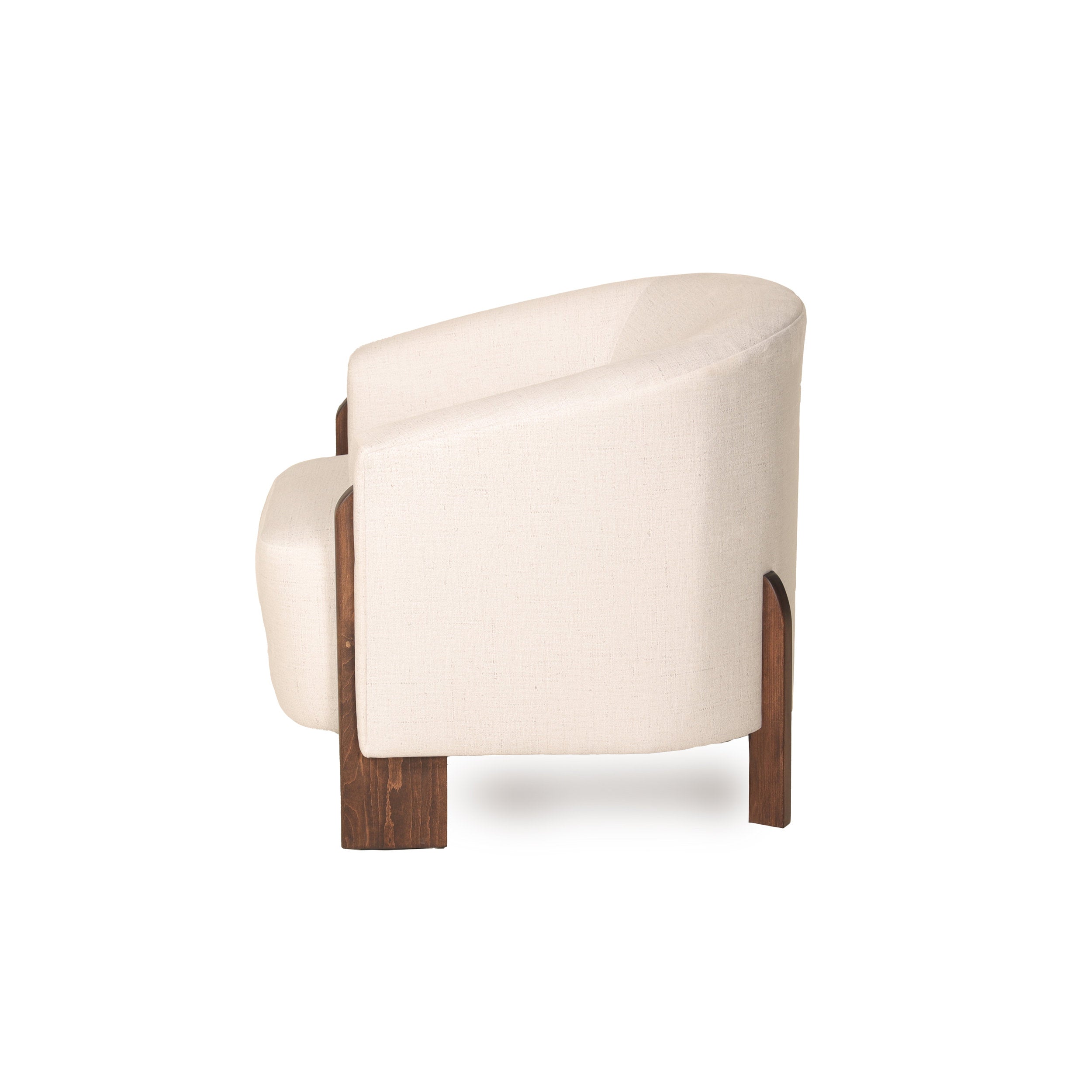 Side view of a Modern chair with white cushioned seat and backrest on a white background