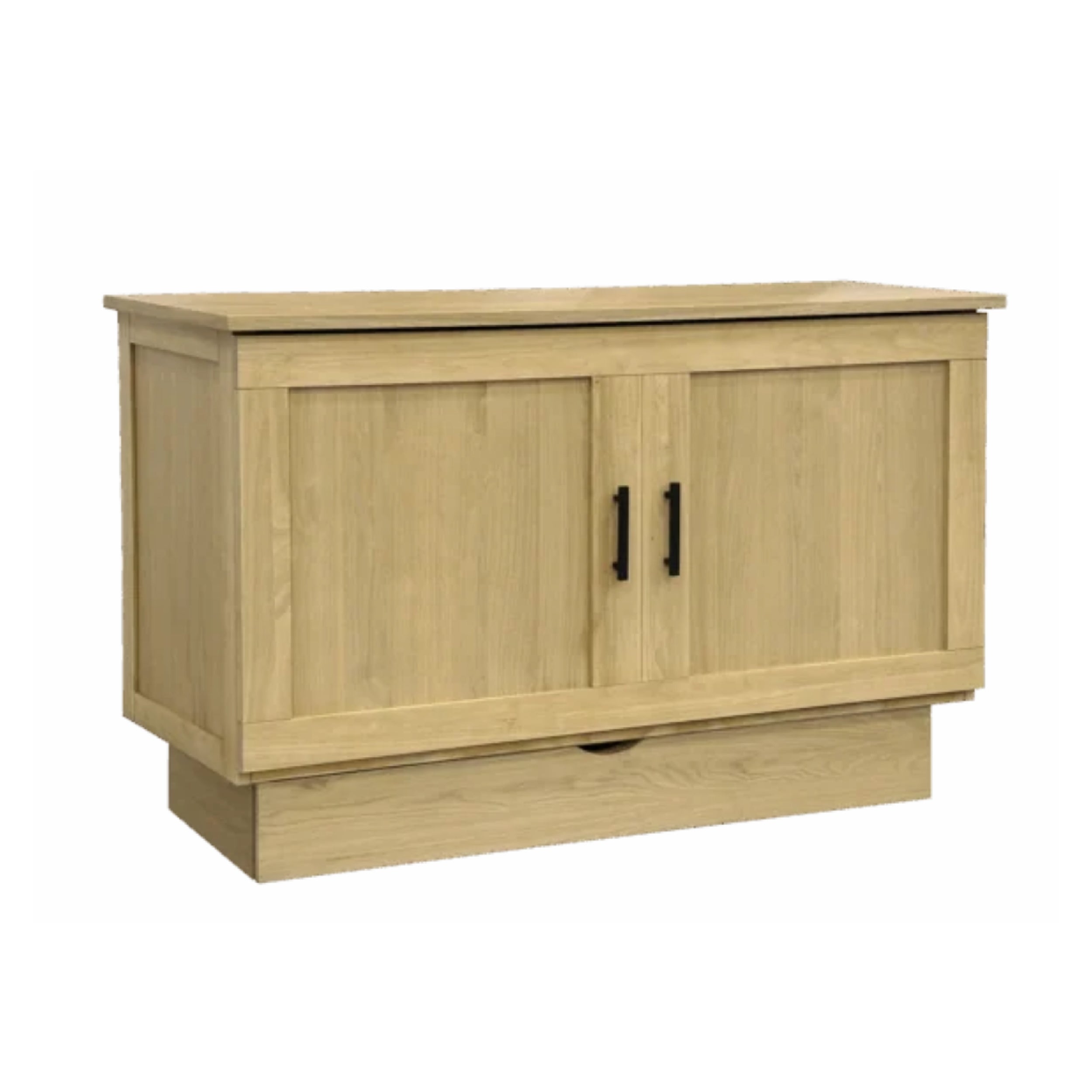 Light wood cabinet with two doors and a drawer on a white background