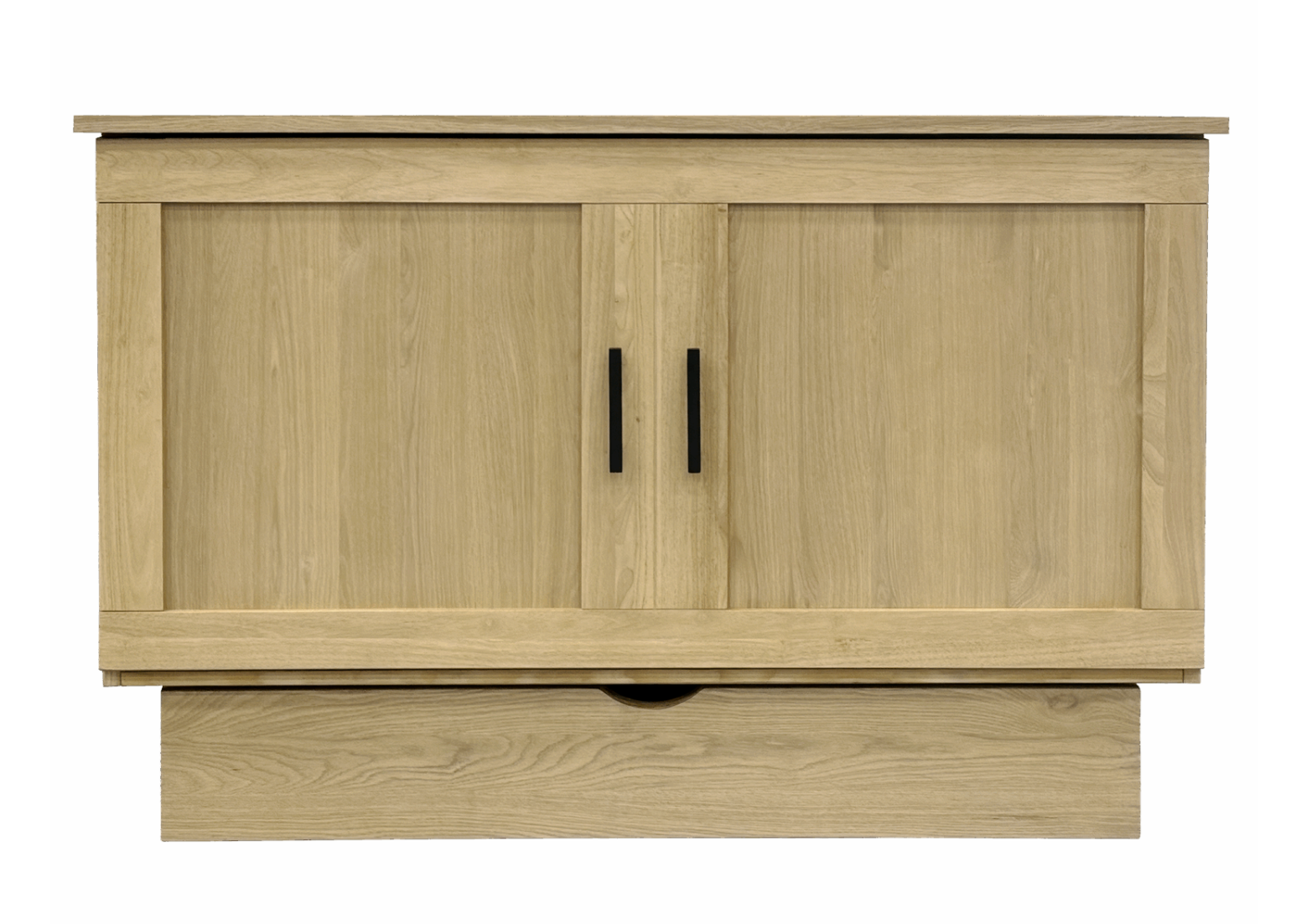 Wooden cabinet with two doors and a drawer on a white background