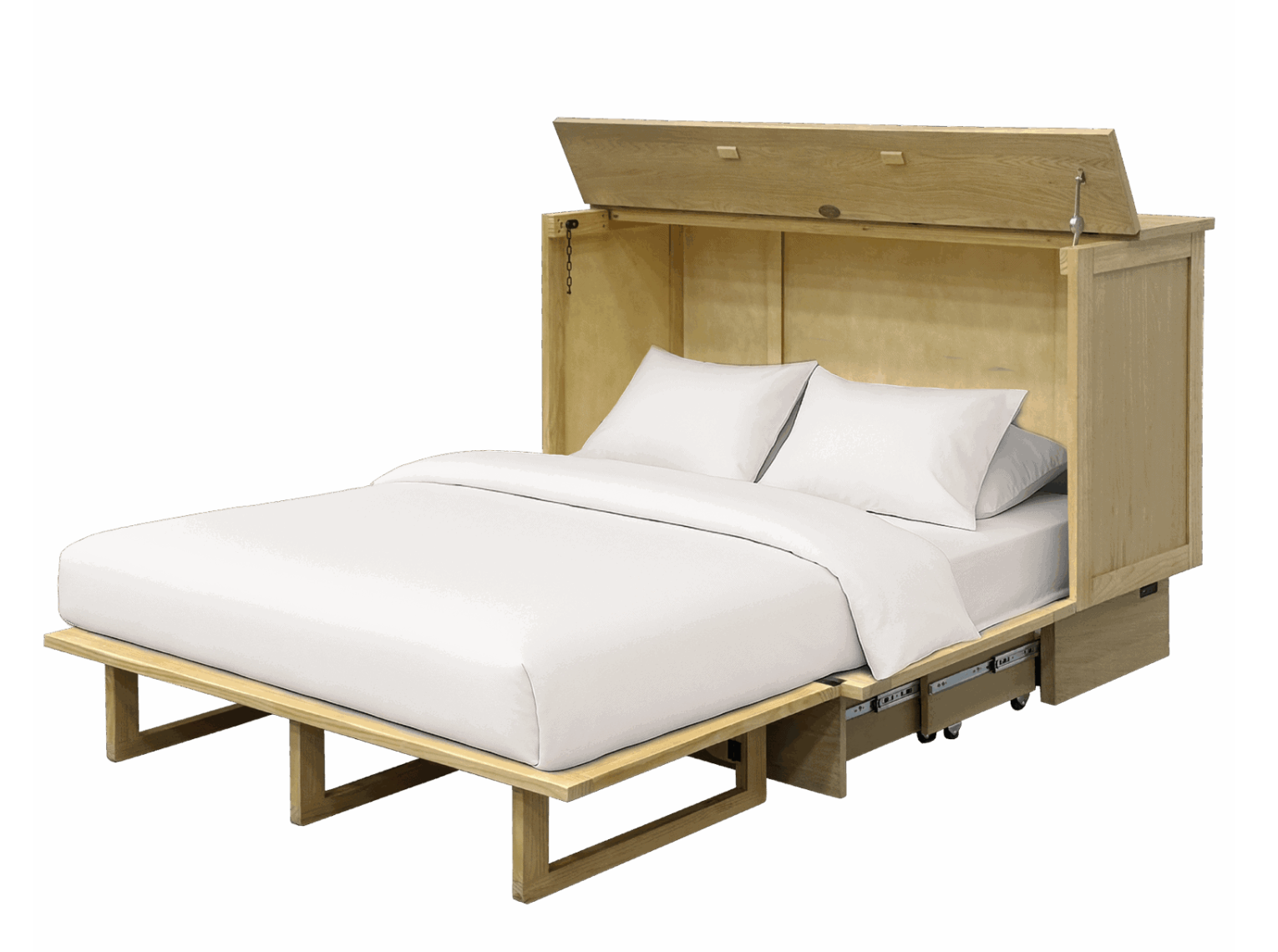 Wooden Murphy bed with white bedding on a white background
