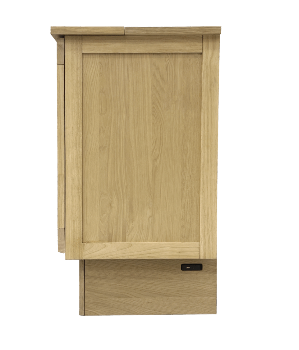 Wooden cabinet with a closed door on a white background. power management on the bottom right of the cabinet bed