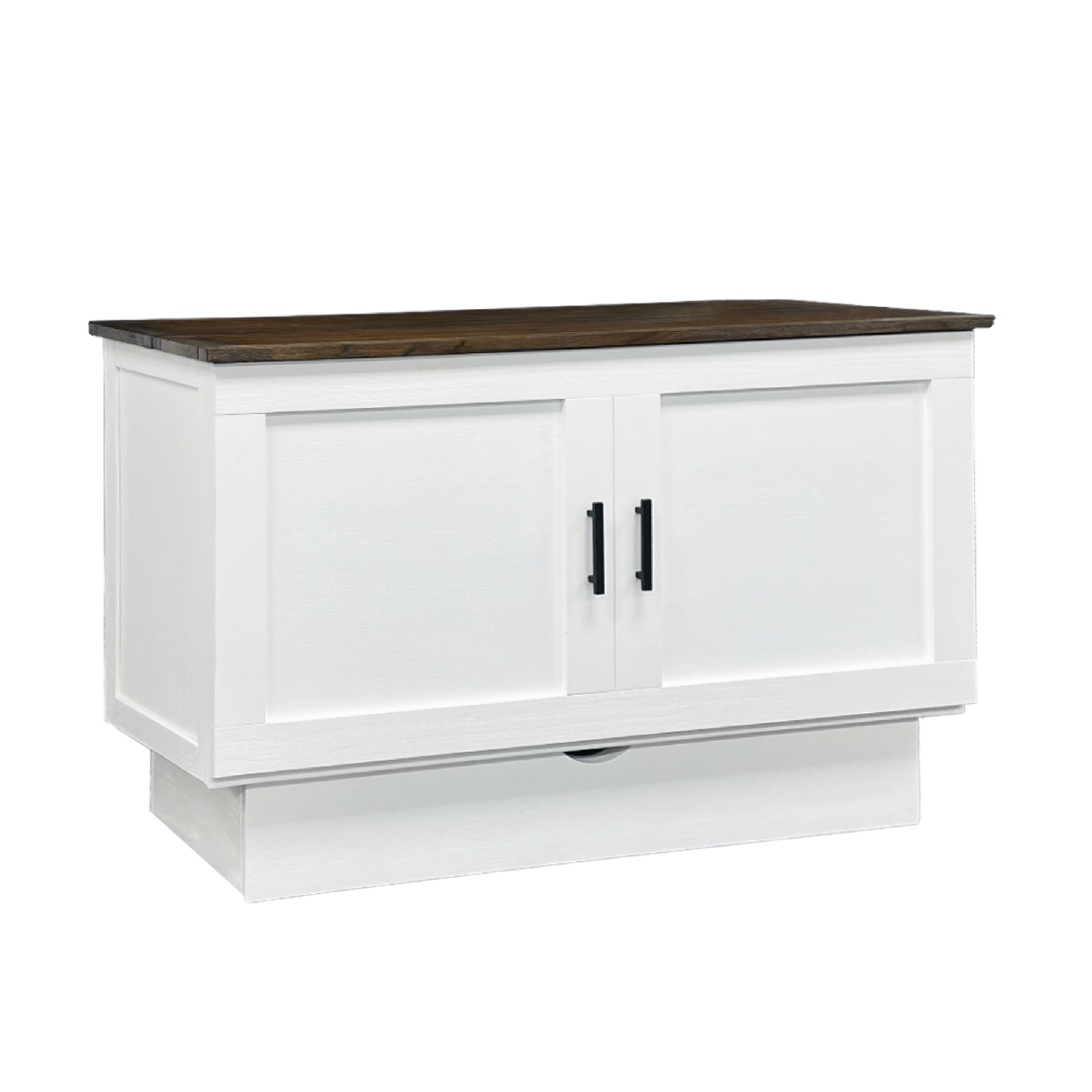 A white cabinet bed with a brown countertop, featuring black handles and the cabinet part is open, showing the storage space inside.
