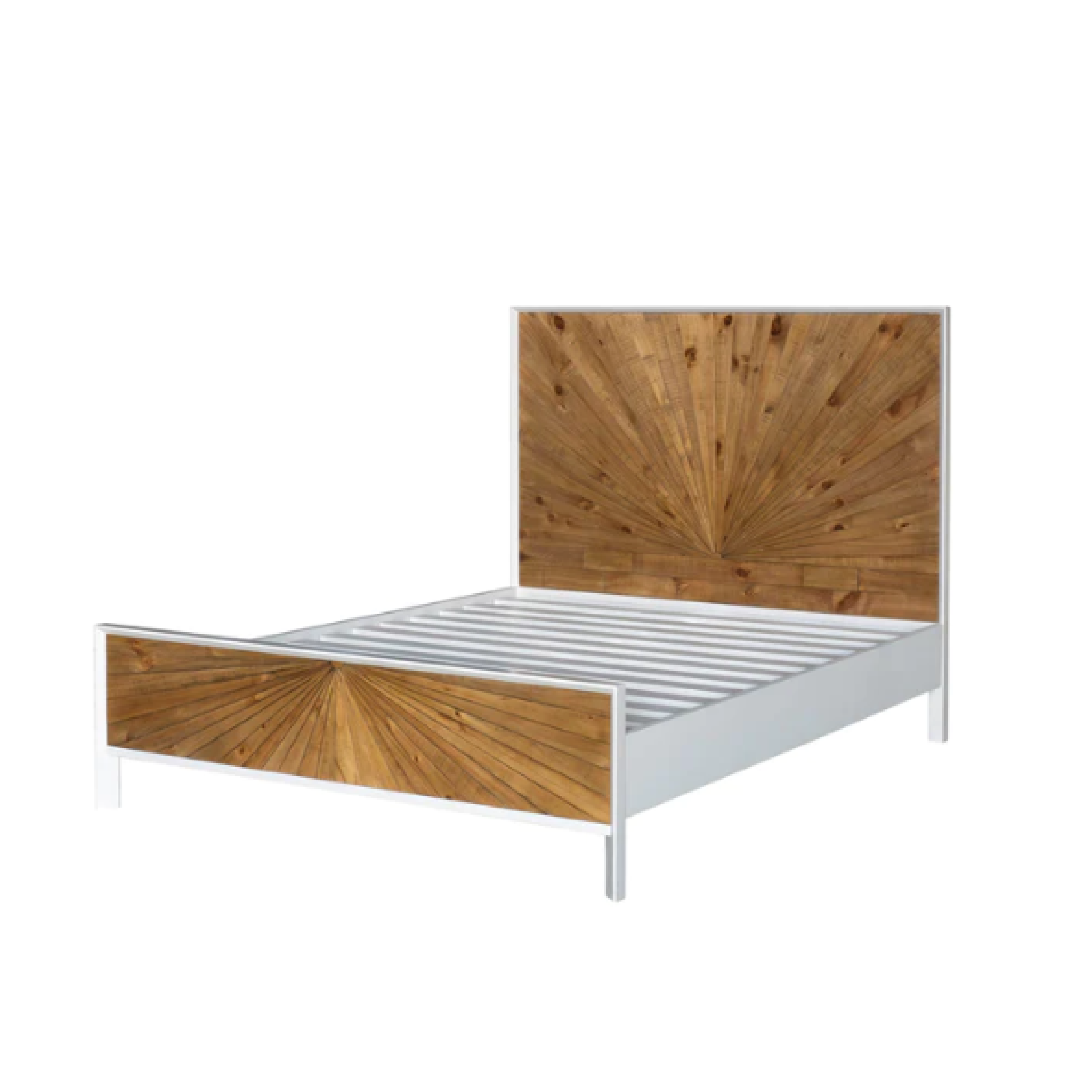 A white wood bed frame with a wooden headboard and footboard featuring a geometric pattern of reclaimed wood.