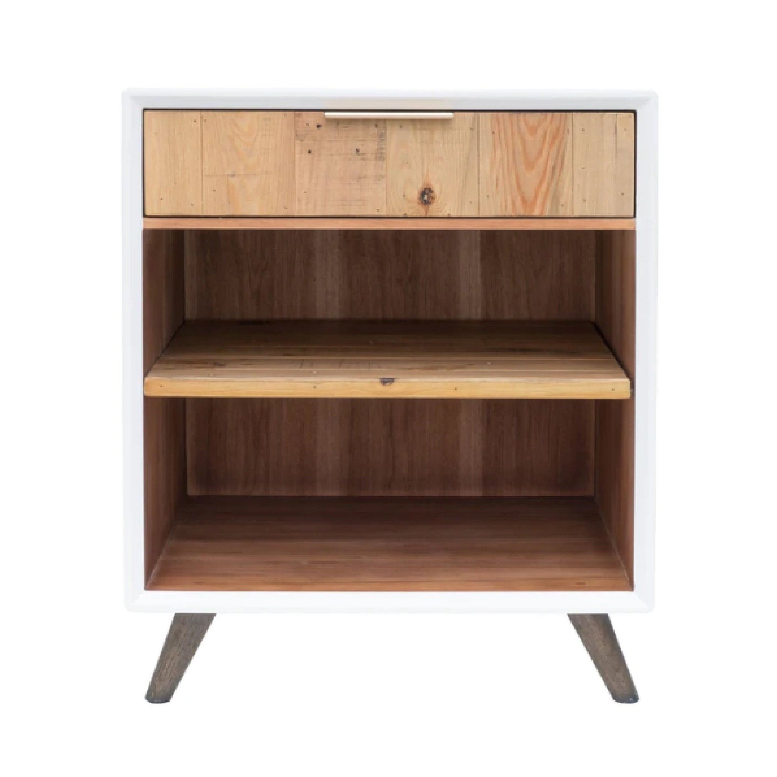 Wooden nighstand with a white frame showing one drawer and an open shelf