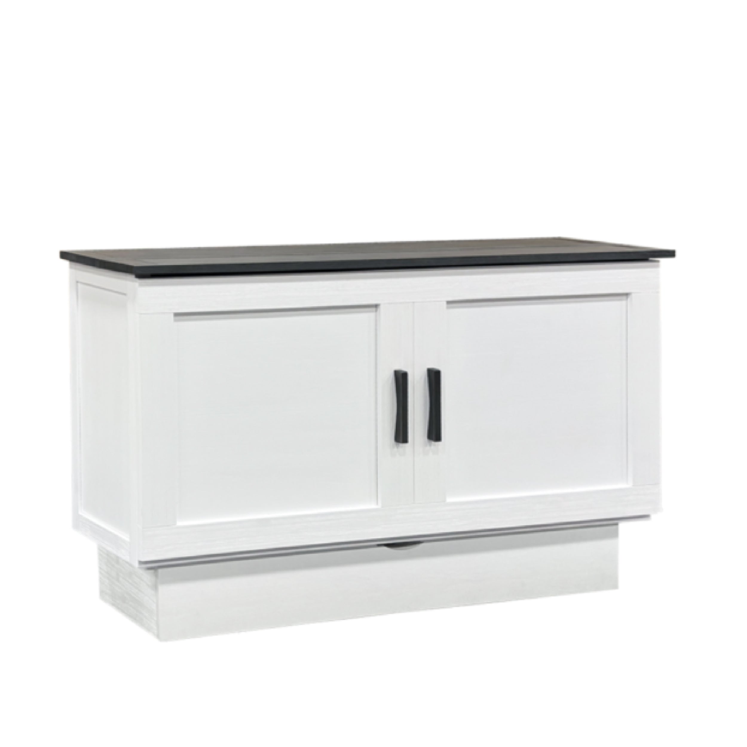 White Cabinet Bed With black wood top. Shows two black handles and a drawer of storage underneath