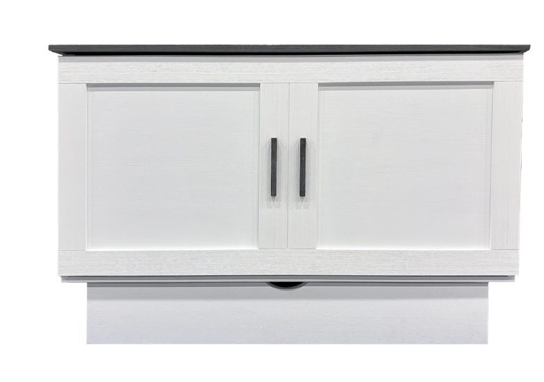 front facing White Cabinet Bed With black wood top. Shows two black handles and a drawer of storage underneath