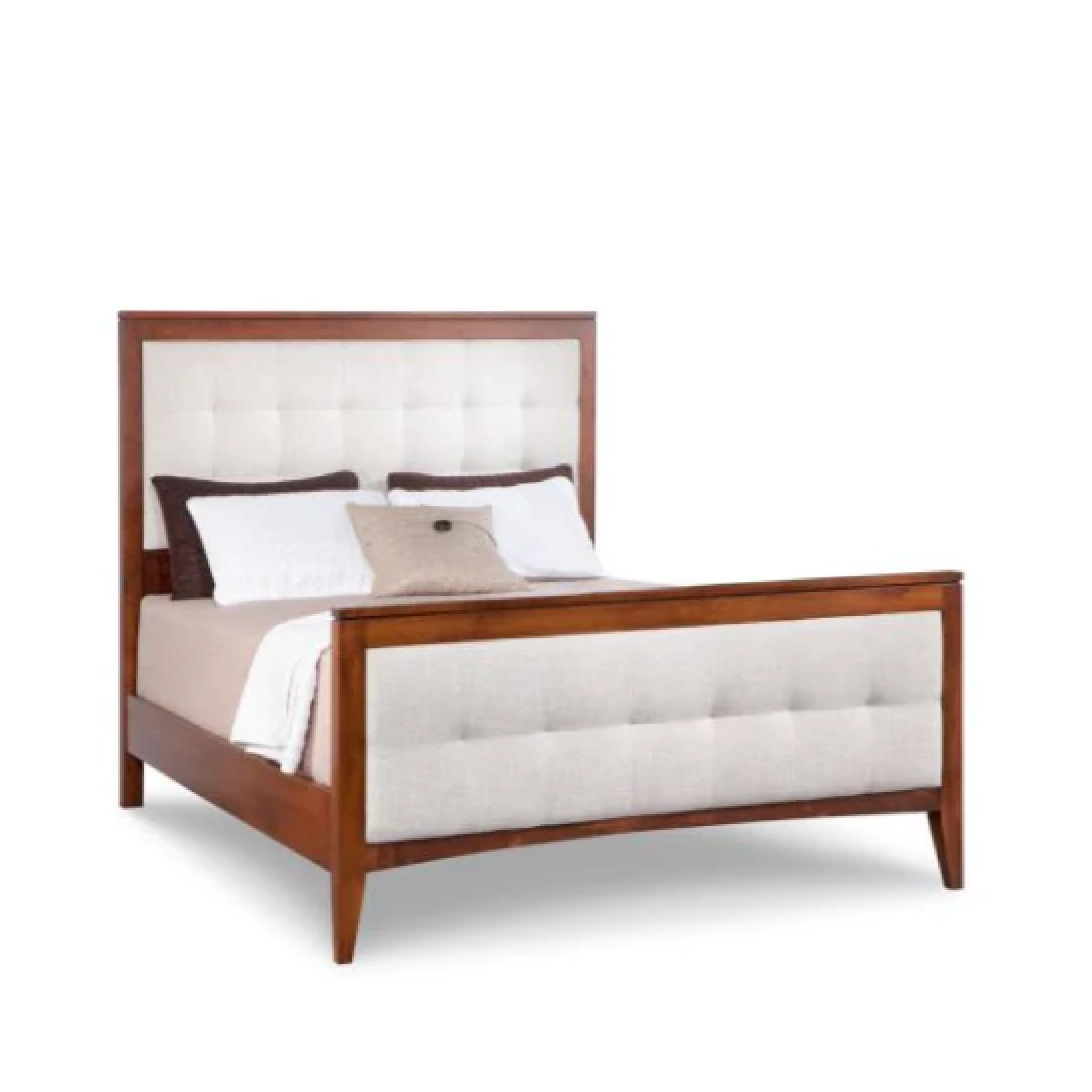 A Catalina bed frame with a wooden headboard and footboard, upholstered in beige fabric, with a mattress and a pillow on top.