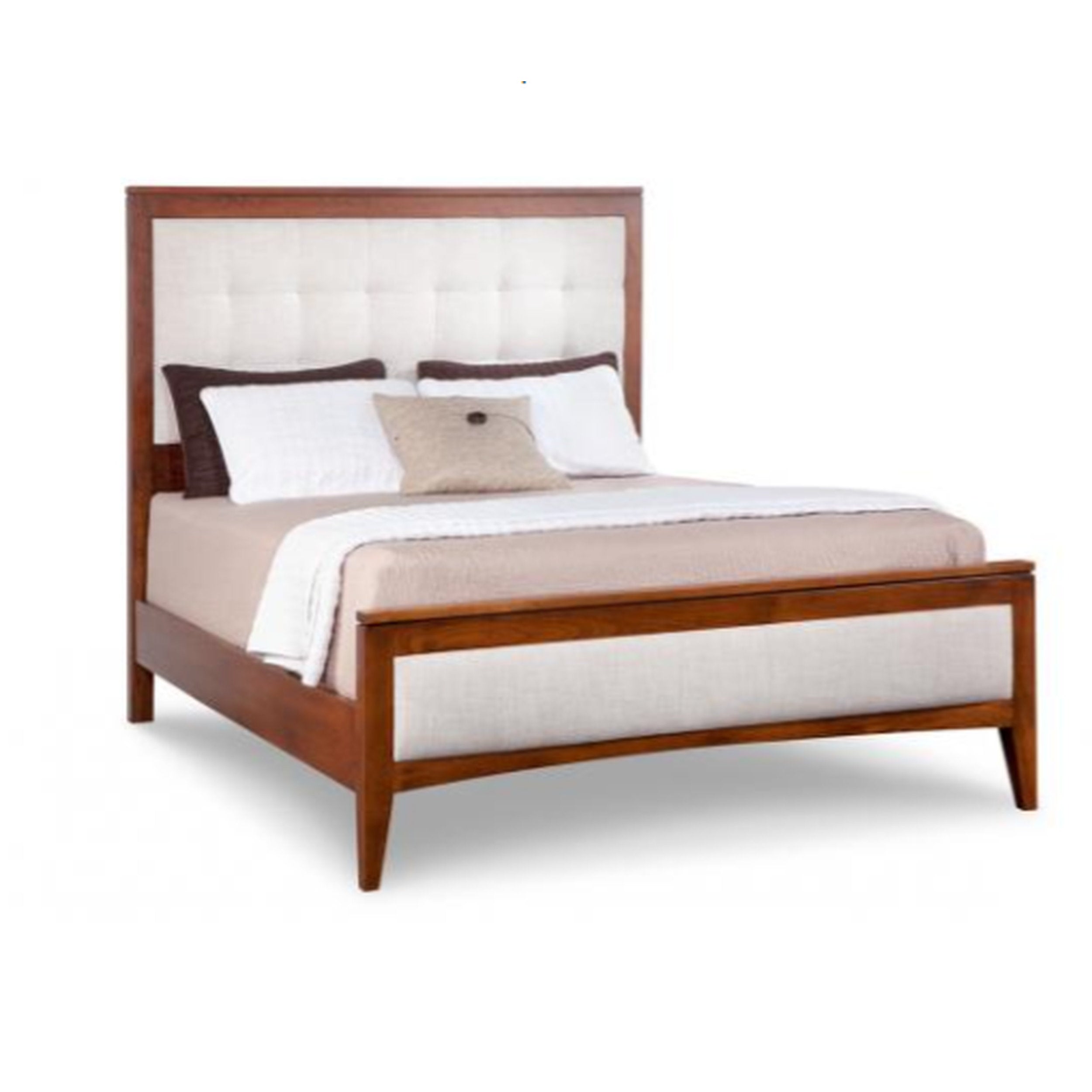 Wooden bed with upholstered headboard and bedding on a white background