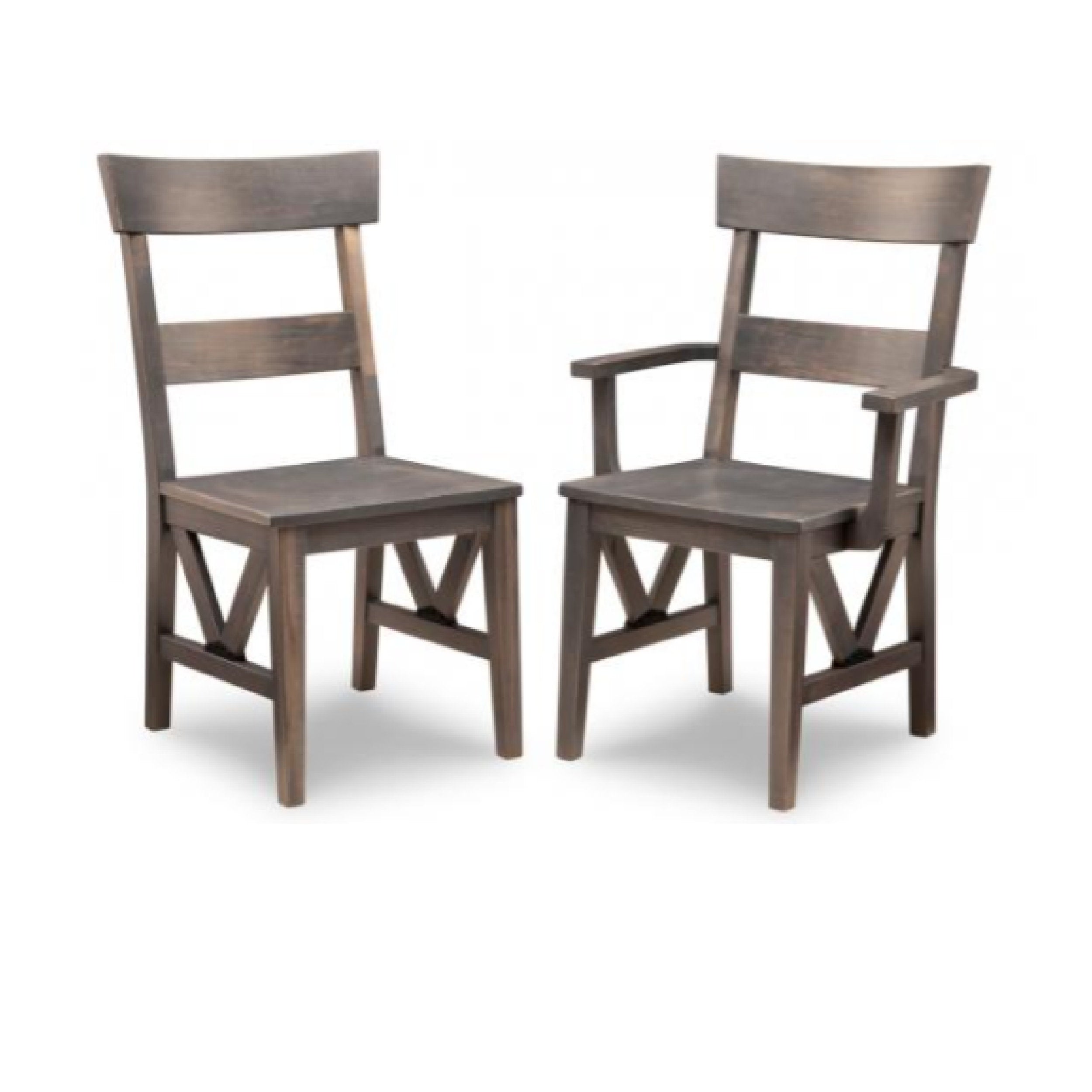 Two wooden chairs with armrests on a white background