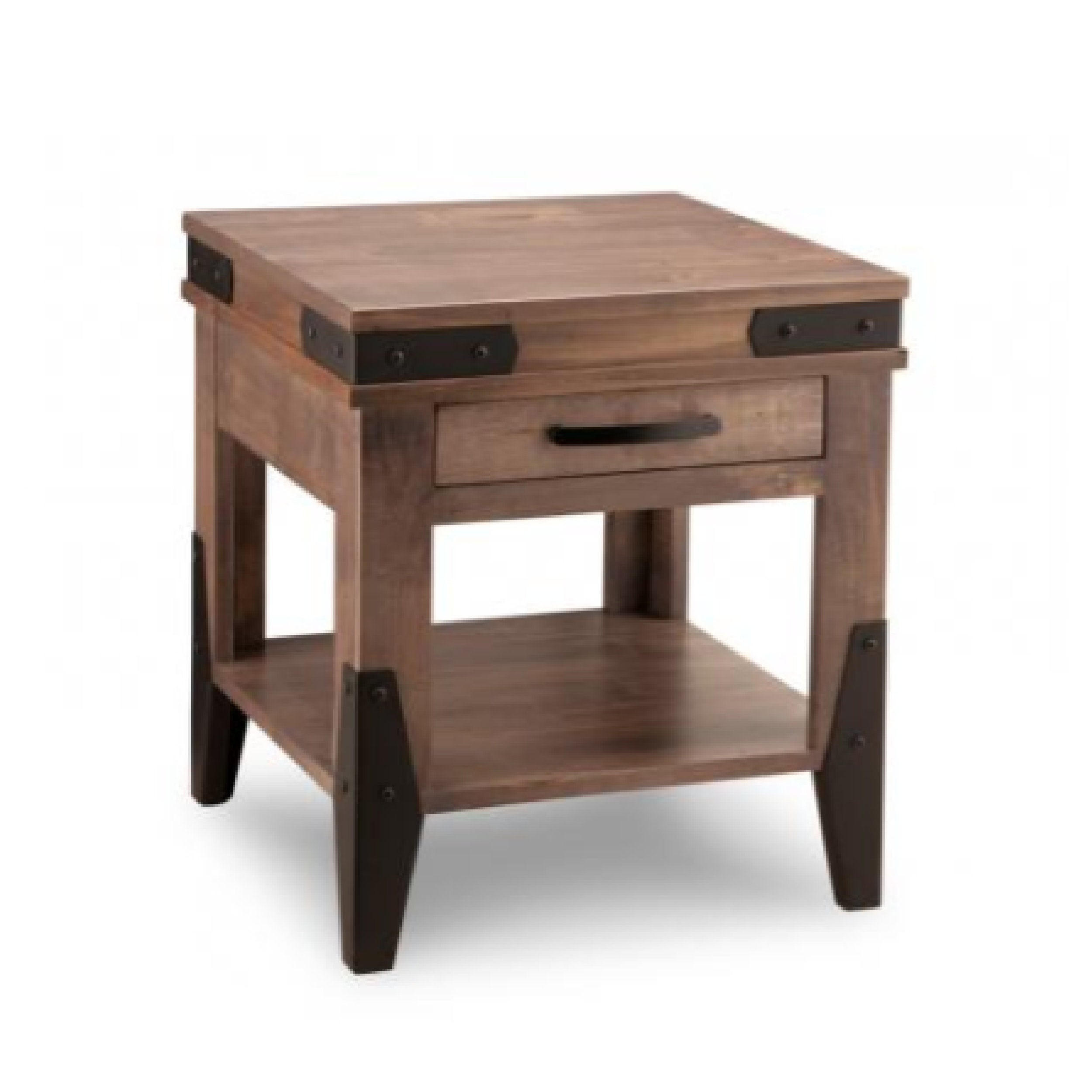 Wooden side table with a drawer and metal accents on a white background