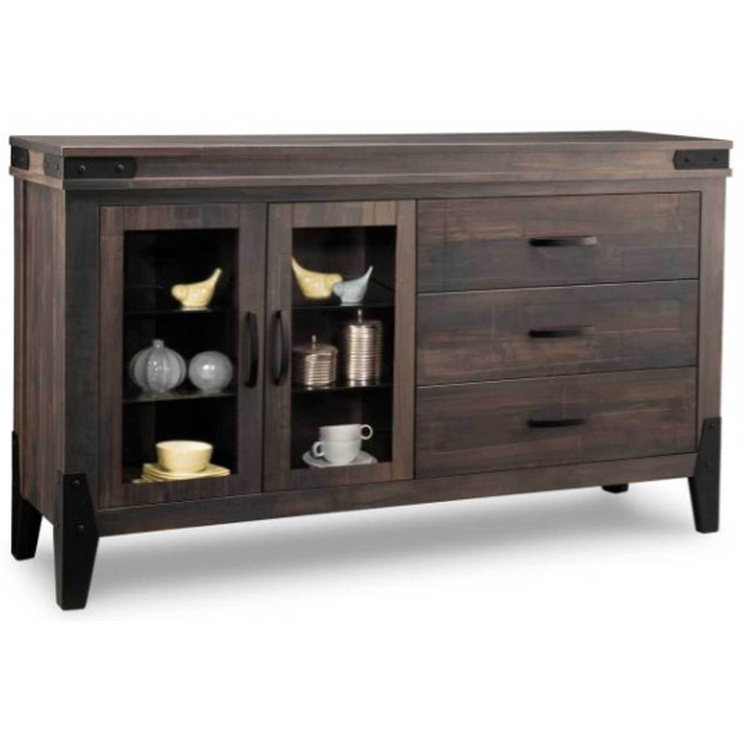 Wooden sideboard with glass doors and drawers on a white background