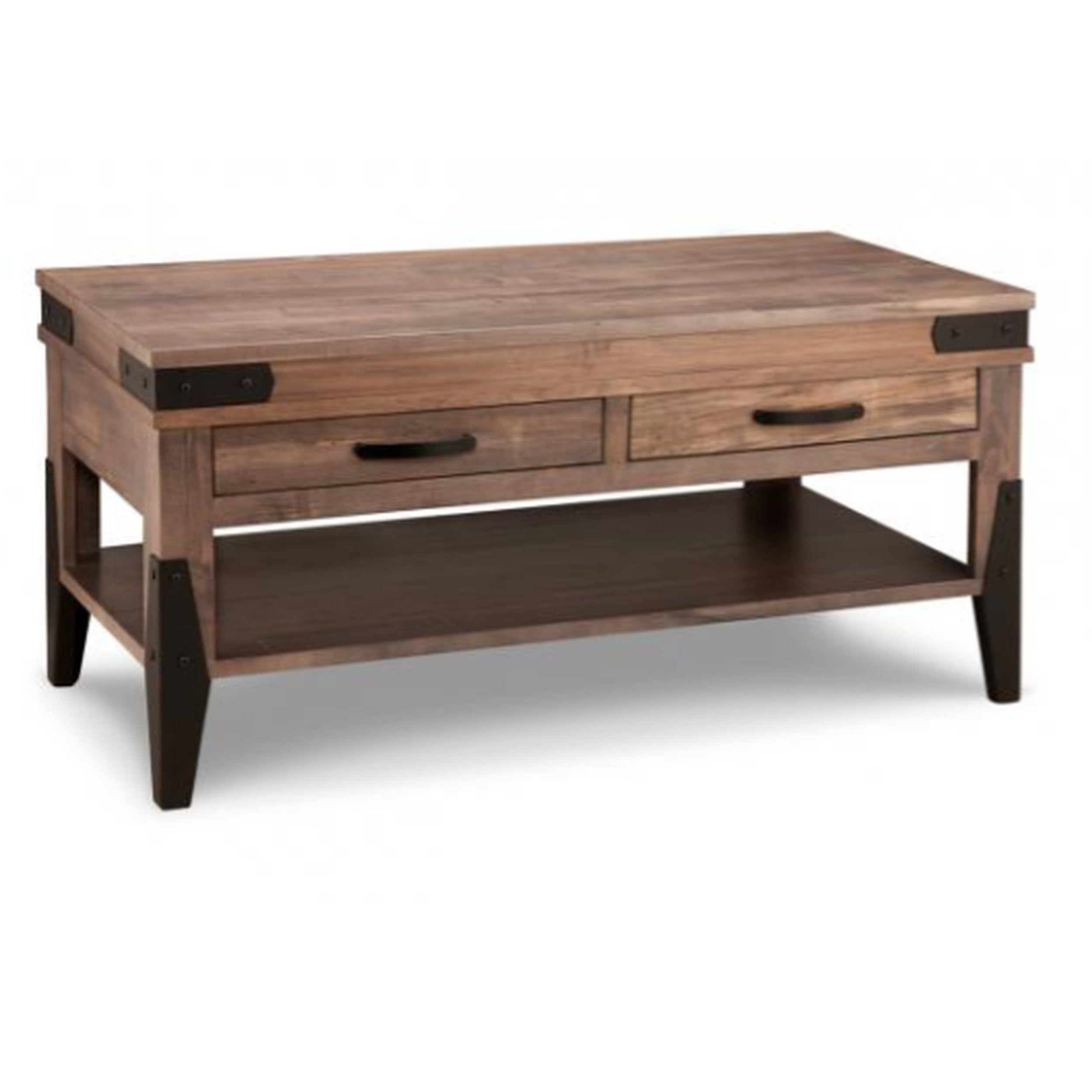 Wooden coffee table with two drawers and a lower shelf on a white background