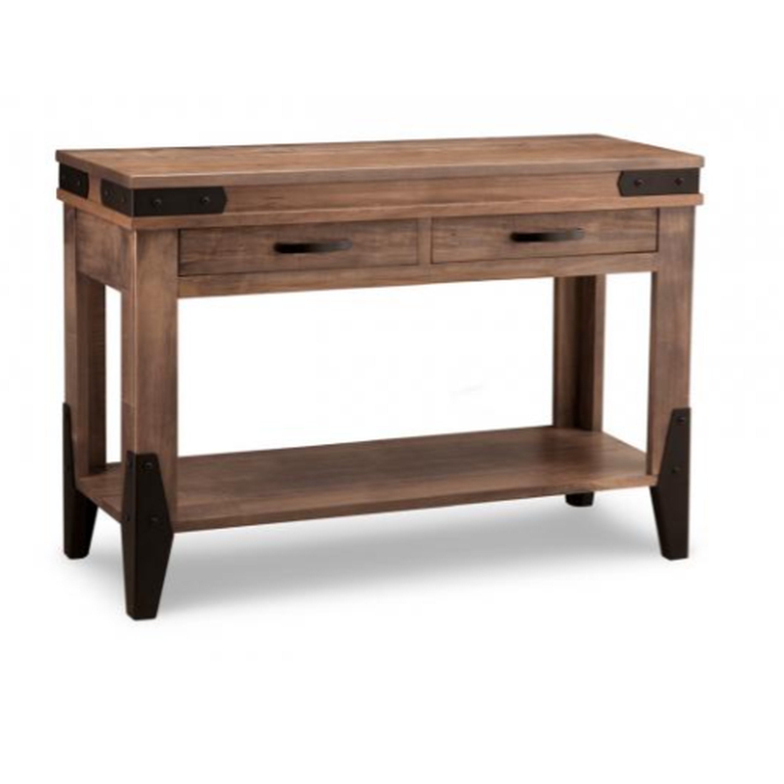 Wooden desk with two drawers and a shelf on a white background