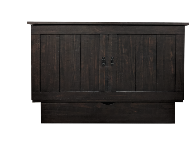 Front view of a brown wooden cabinet bed with a closed mattress on top, designed to blend into bedroom furniture.