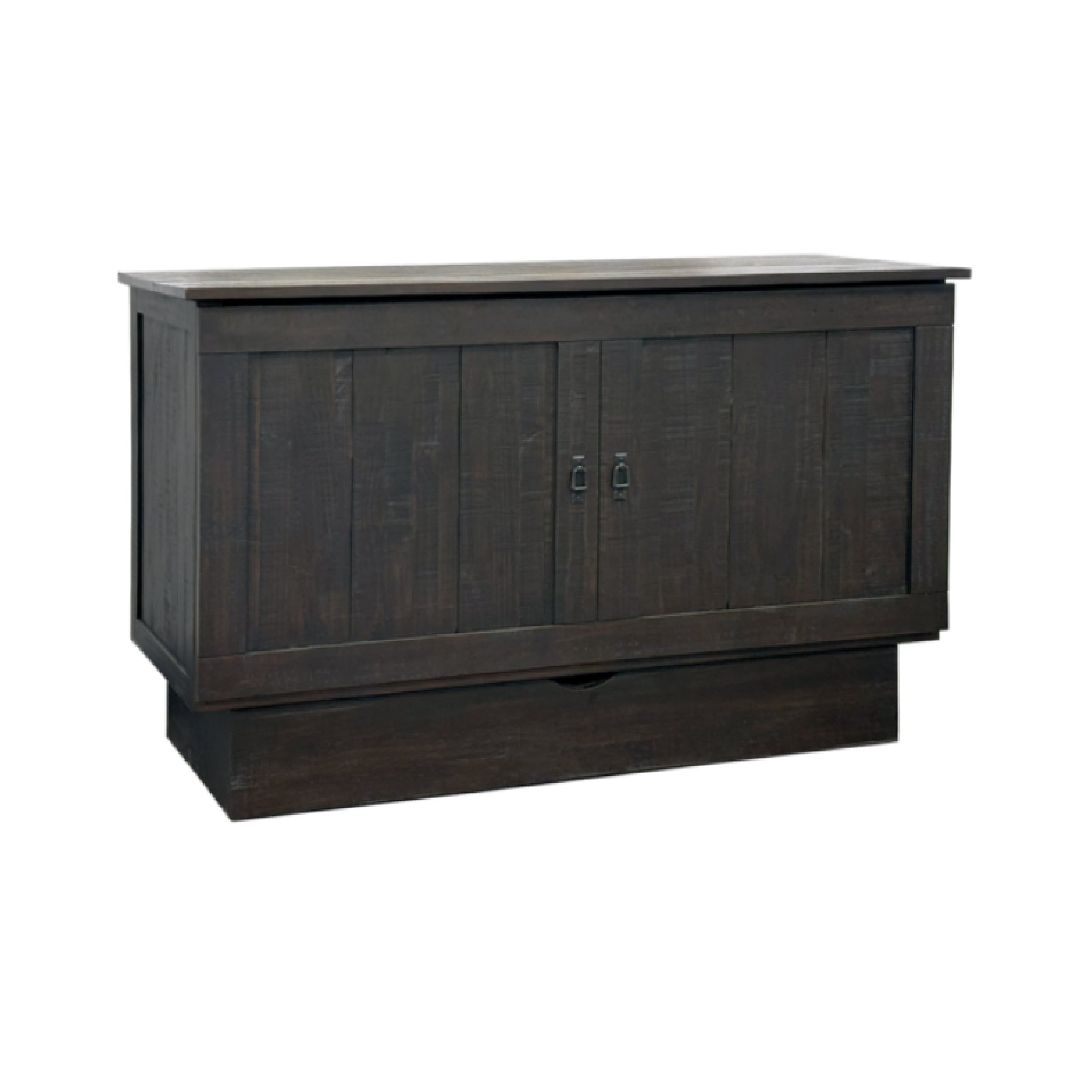 A brown wooden cabinet bed with a closed mattress on top, designed to blend into bedroom furniture.