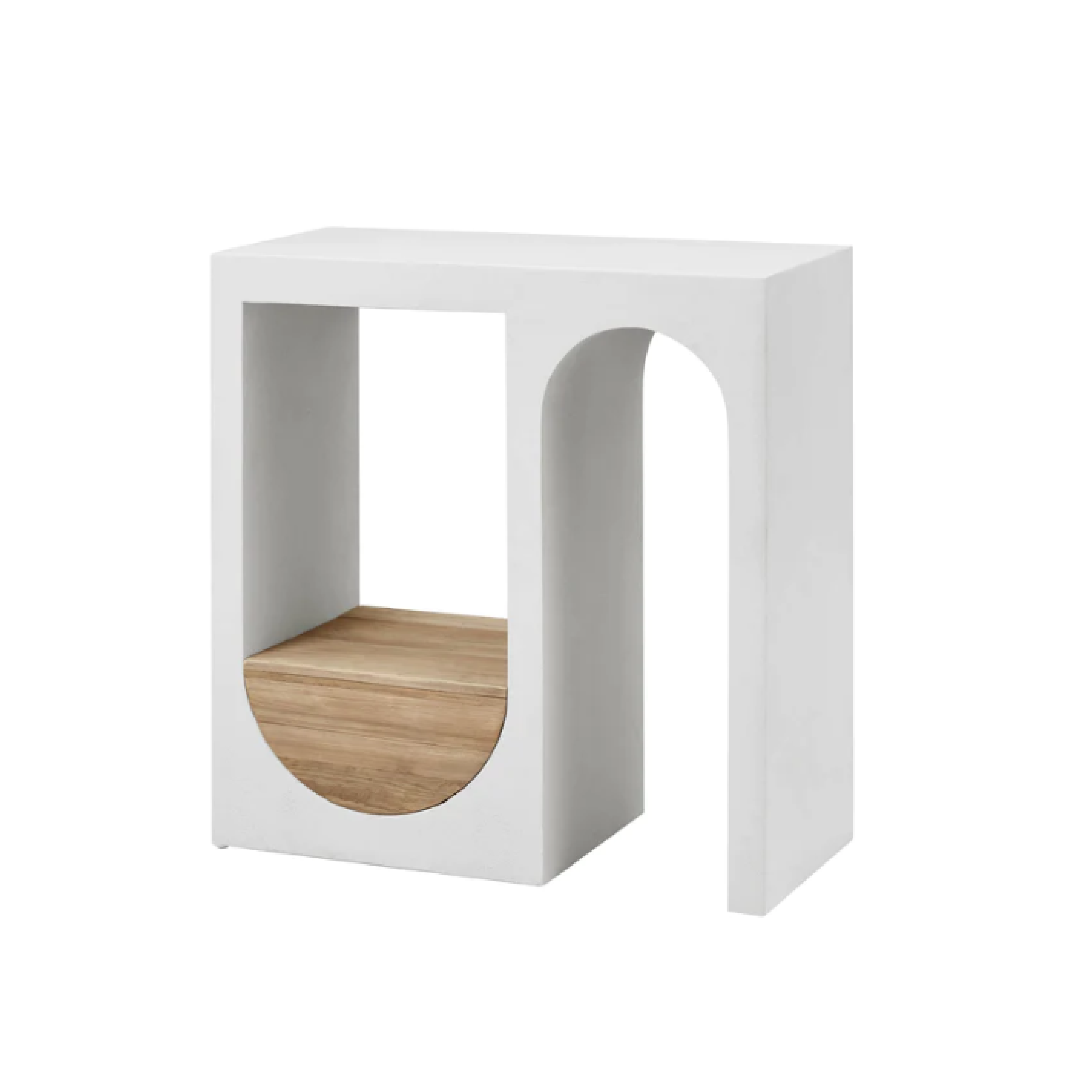 A modern white console table with a geometric design