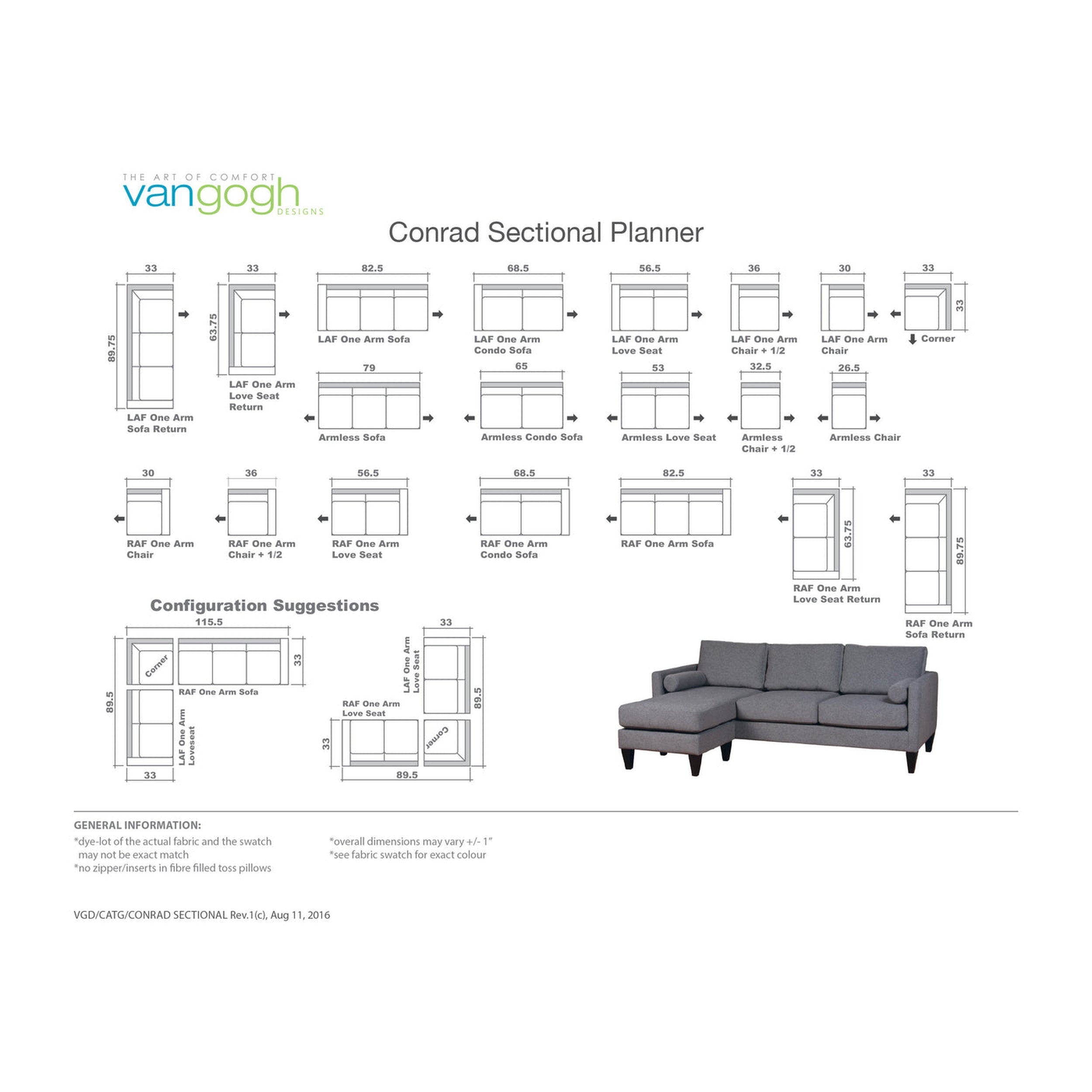Conrad Sectional Planner diagram with a gray sectional sofa on a white background