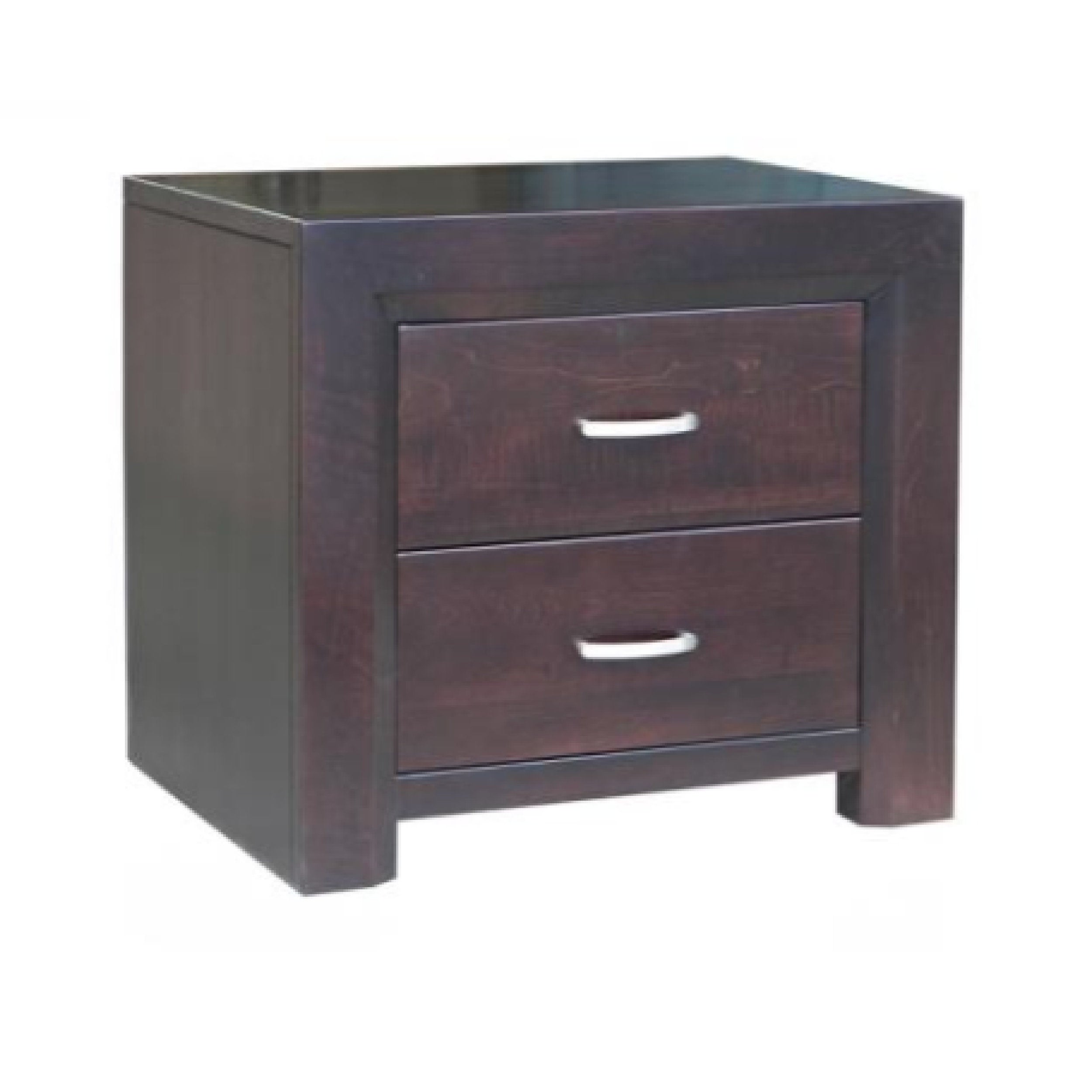 Dark wood nightstand with two drawers on a white background
