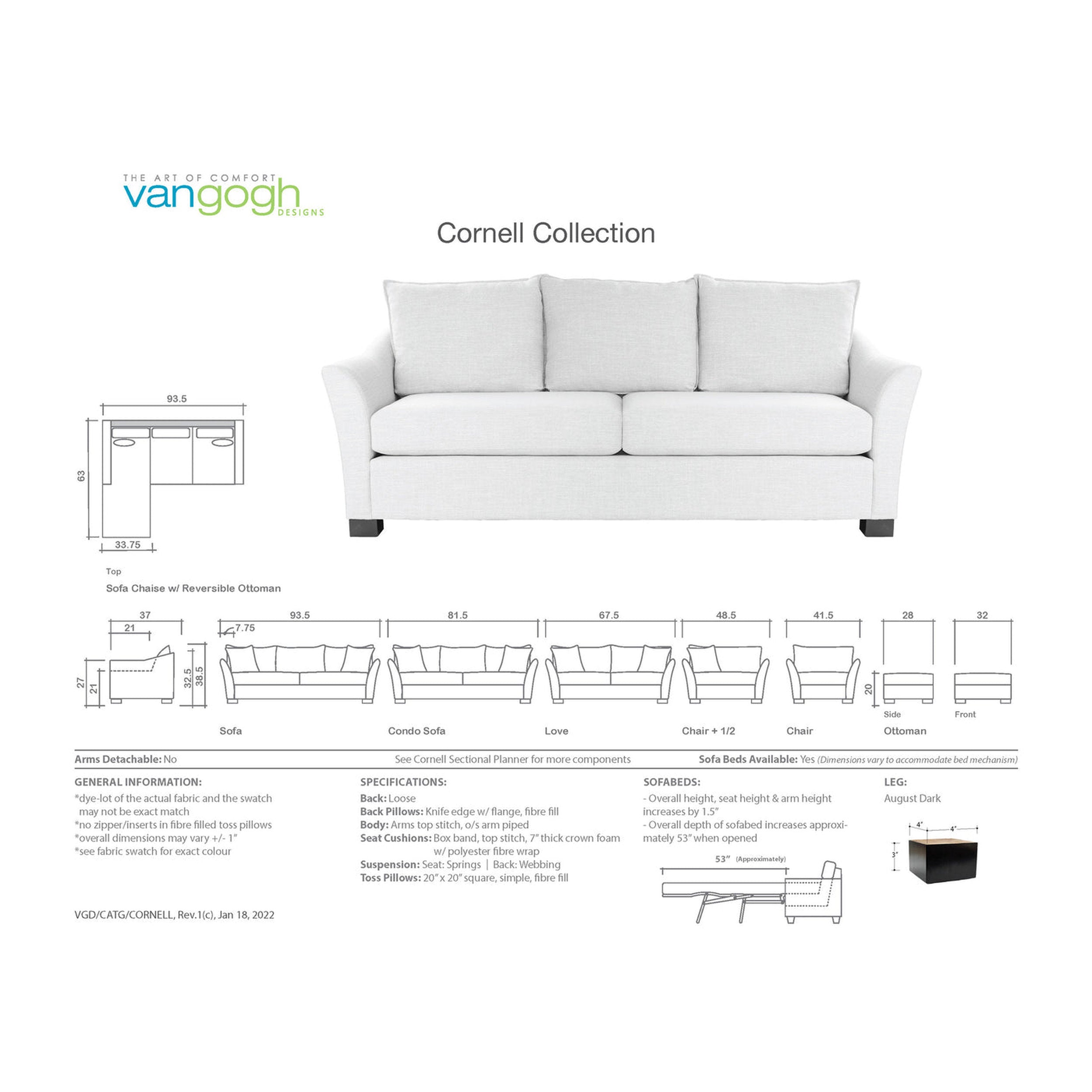 Cornell dimensions and specifications on a white background