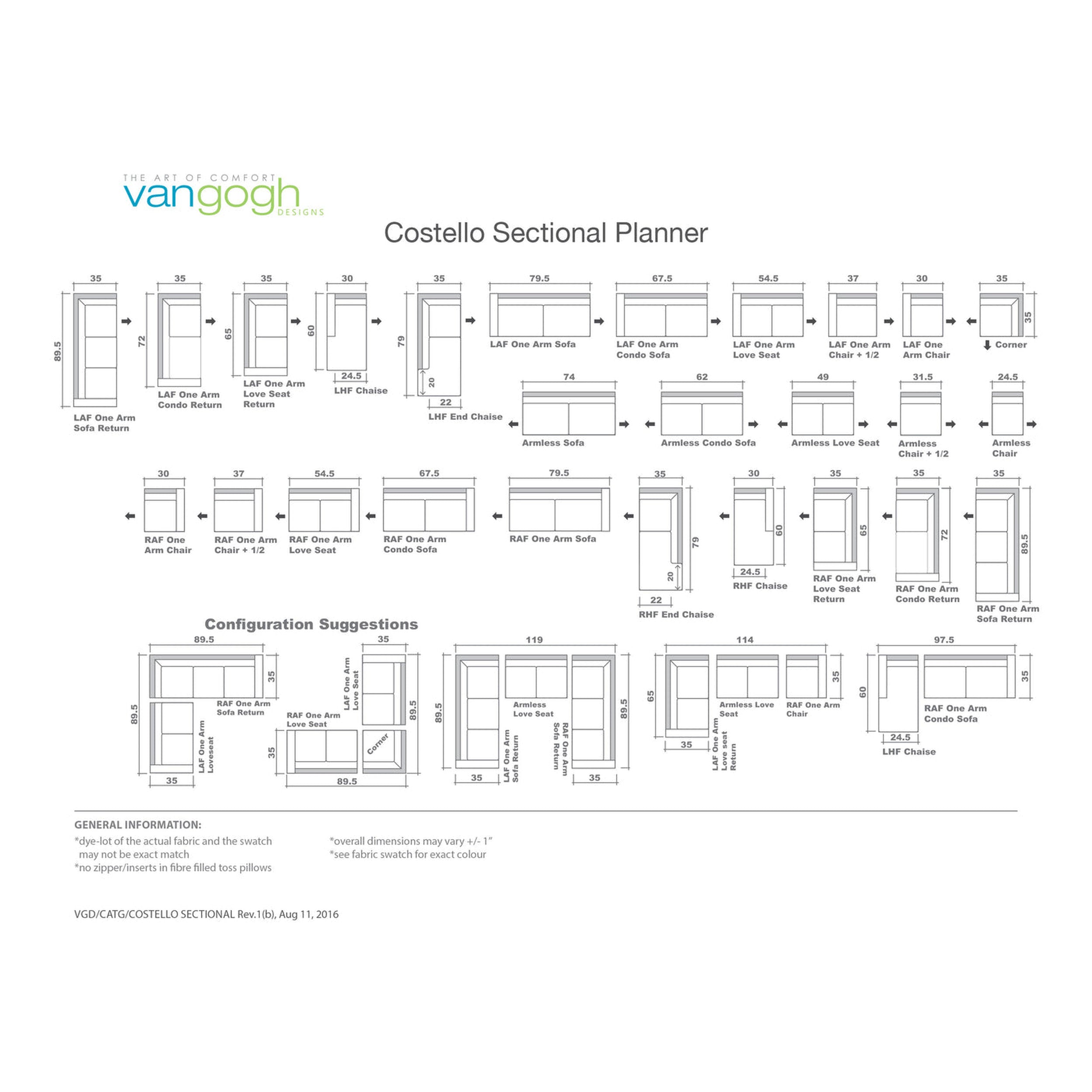 Costello Sectional Planner diagram for Vangogh furniture with various configurations.