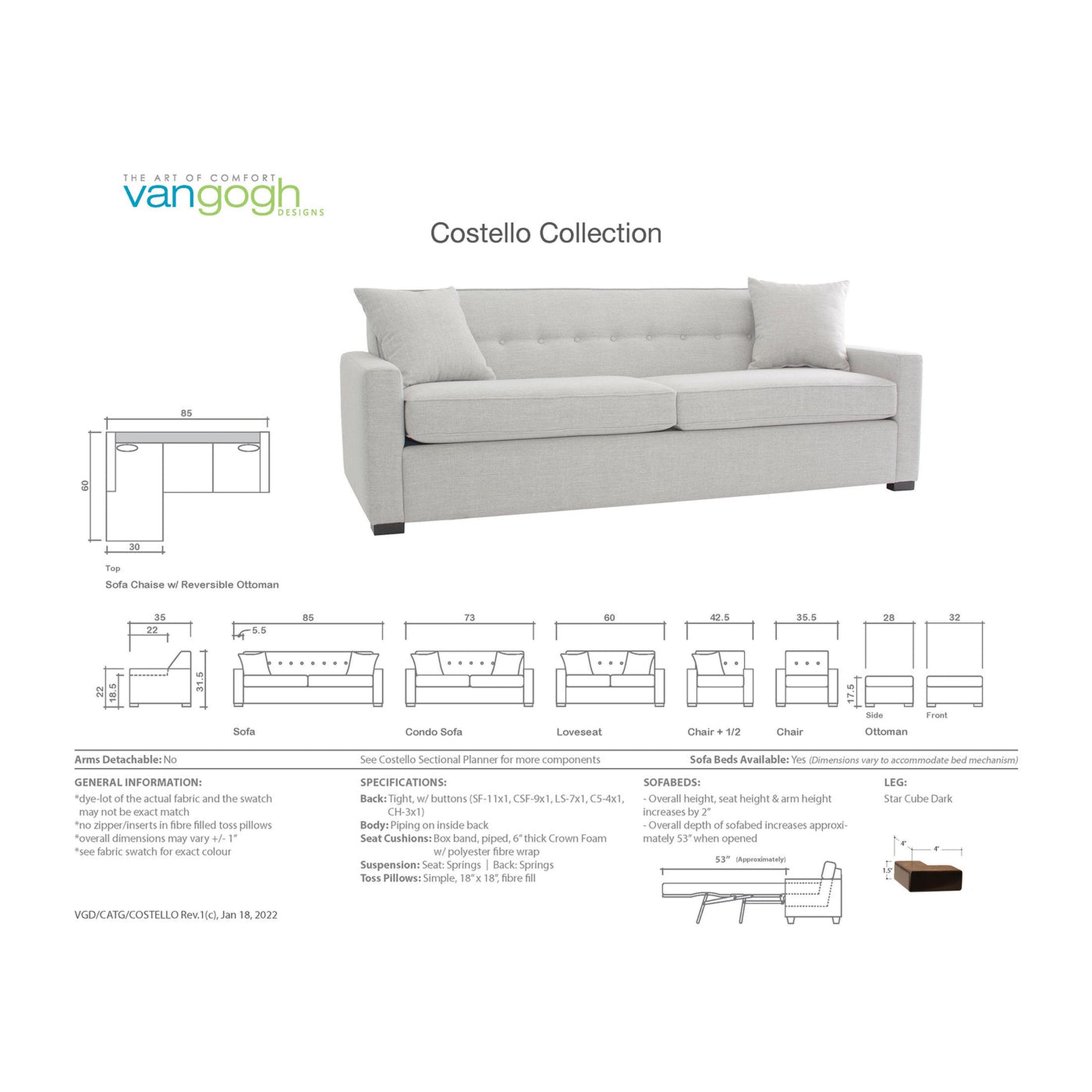 Gray sofa from the Costello Collection with technical drawings and specifications on a white background.