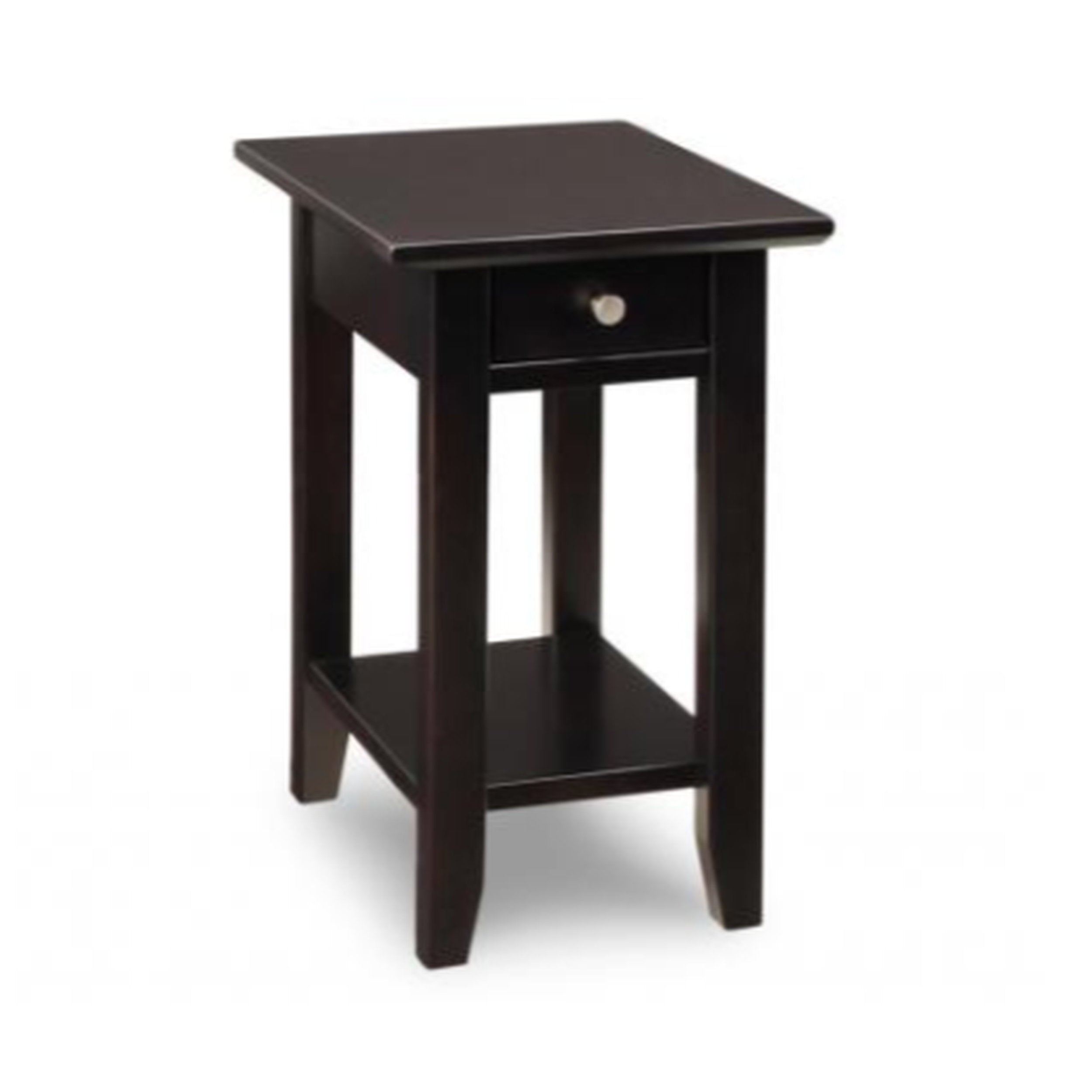 Dark wooden side table with a drawer on a white background