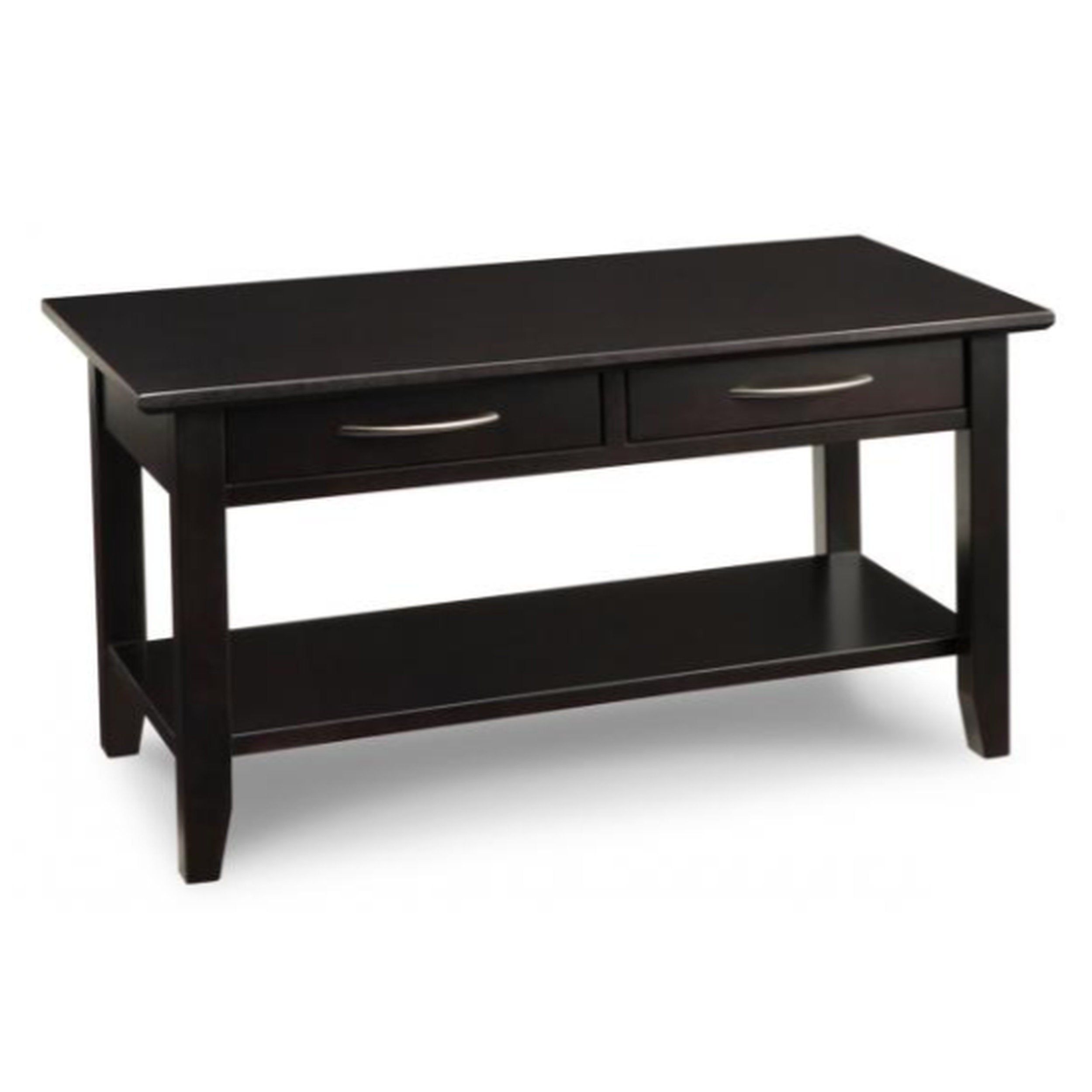 Black wooden coffee table with two drawers on a white background