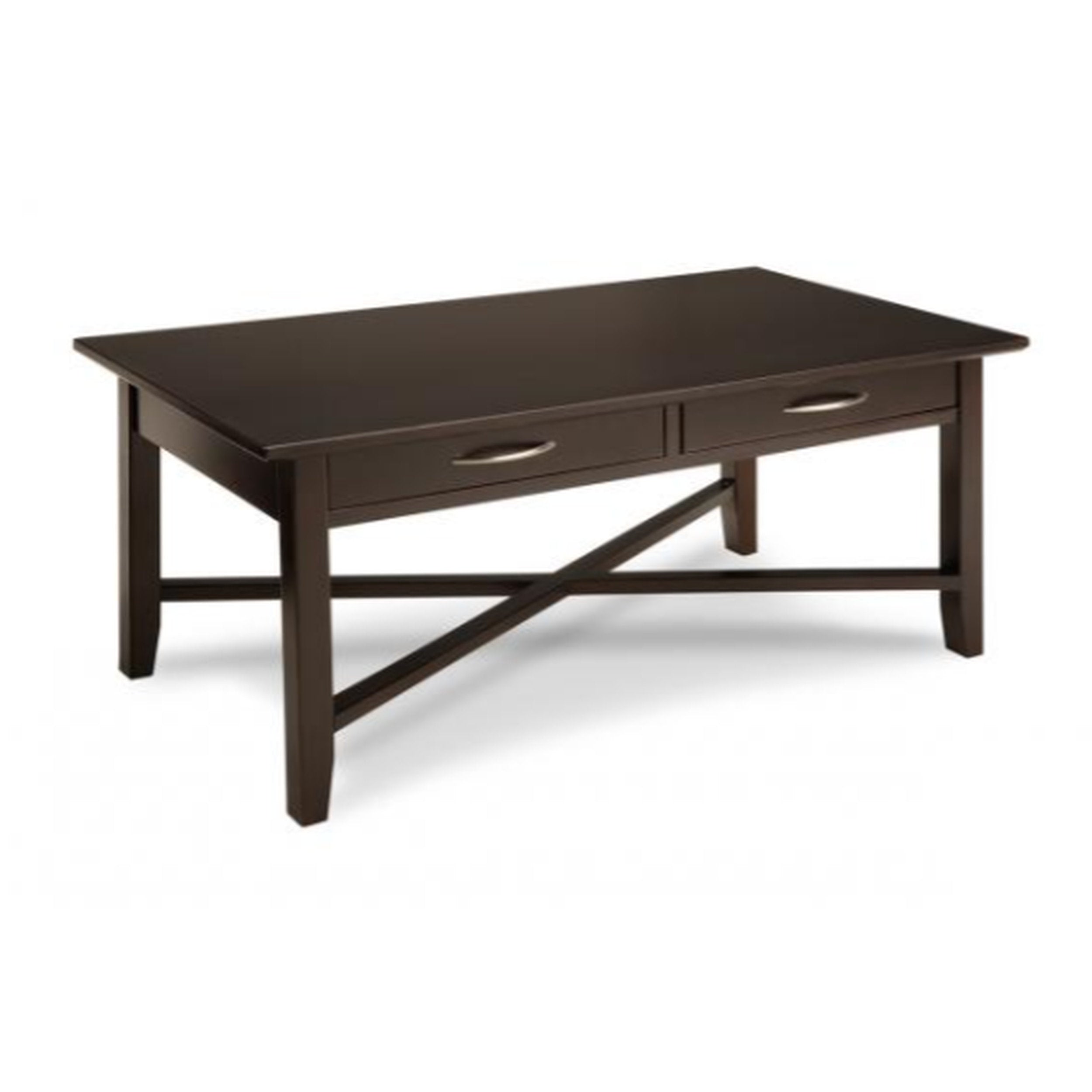 Dark brown wooden coffee table with two drawers on a white background